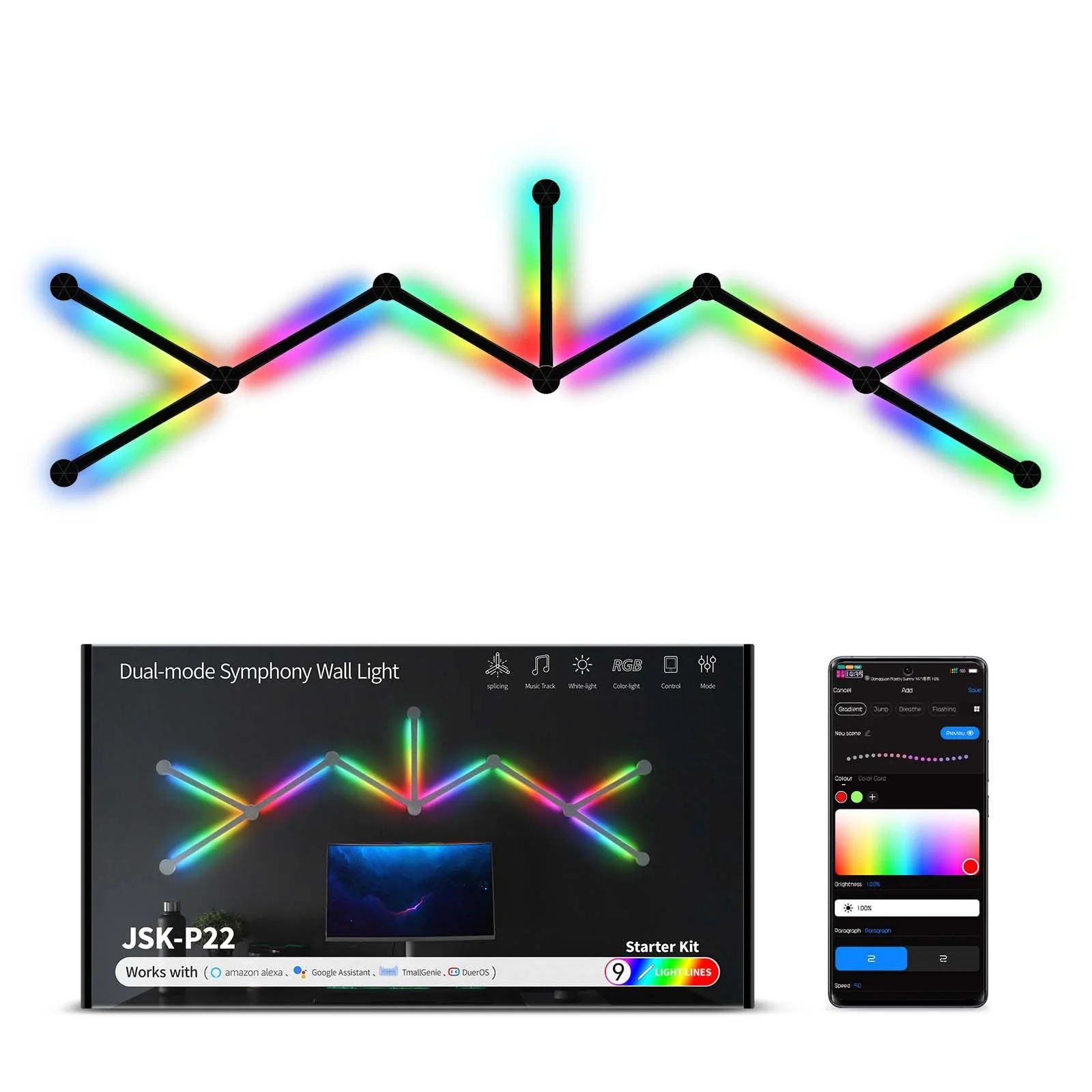 elice Intelligent WiFi Wandleuchten,9 Stück,Musik-Sync Mehrfarben,über 40 dynamische Szenen,funktioniert mit Alexa und Google Assistant,Home Decor LED Lightbar für Gaming Party Club Bar Home(Schwarz)