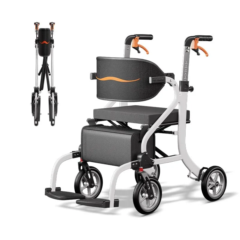 ZIIVIE VS Montagefreier Rollator Rollstuhl 4 in 1 Faltbar und Leicht mit Sitz, Geländegängige Vollgummireifen, Rollatoren für Senioren und erwachsene mit Einkaufstasche, 6-Stufige Verstellbare Griffe