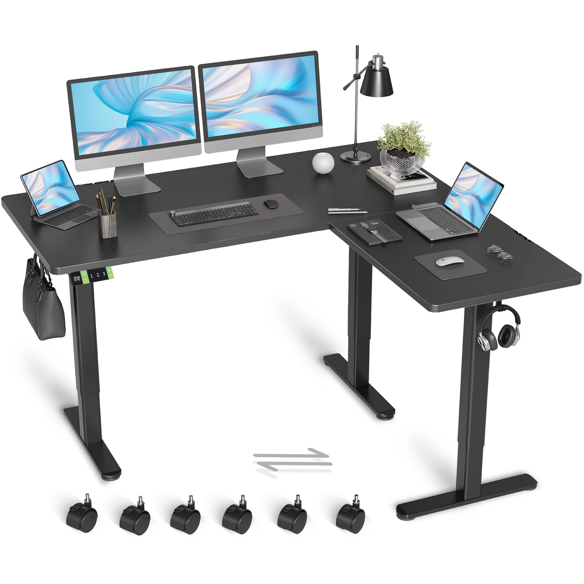 Claiks Eckschreibtisch Höhenverstellbar 160x140cm mit Dual-Motor, Schreibtisch L Form Höhenverstellbarer Schreibtisch auf Rollen, L-förmiger (Schwarz, 160x140cm Zwei Motoren)