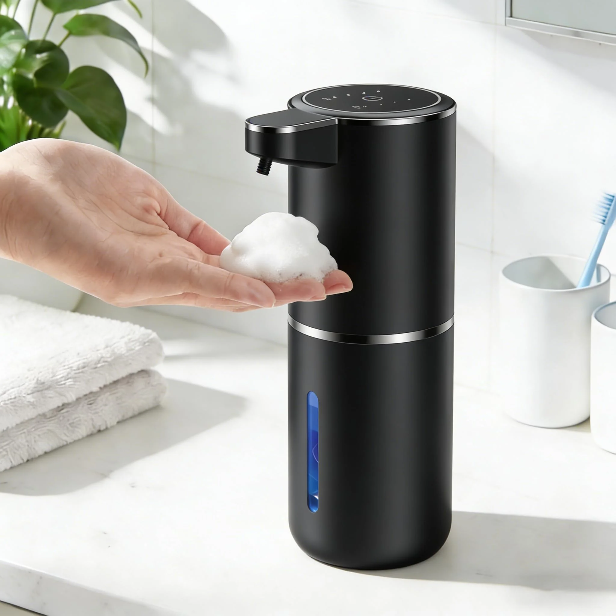 Fantictas Seifenspender Automatisch Wandbefestigung mit Sensor Infrarot,380ml Elektrischer Seifenspender ohne Bohren mit USB Wiederaufladbar,IPX5 Wasserdicht für Bad Toilette Küche-Silber