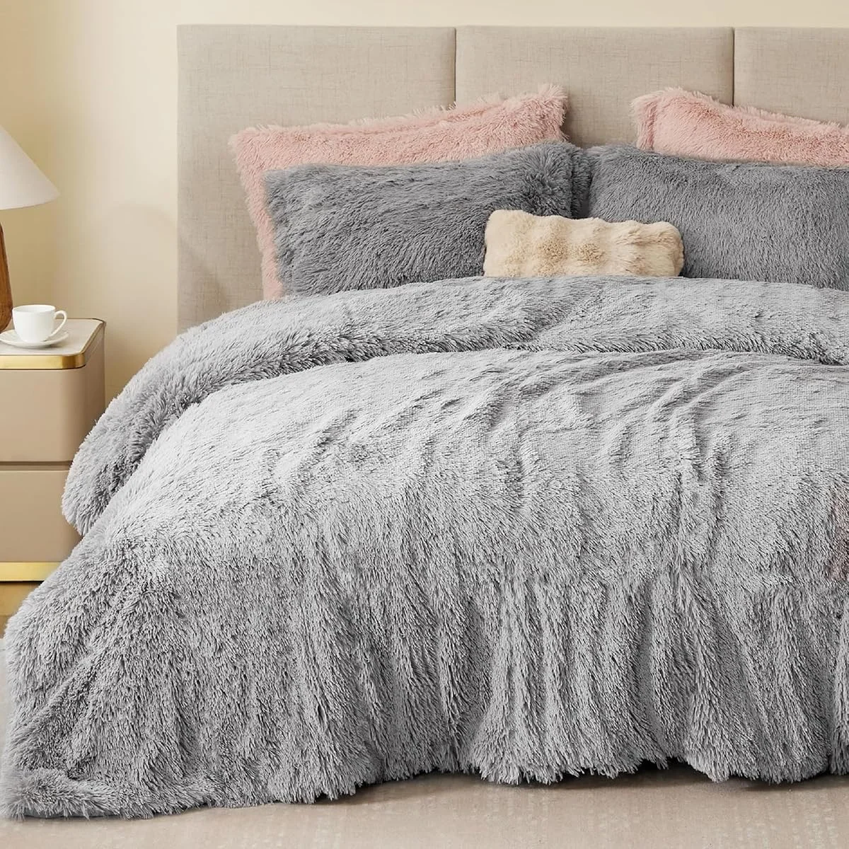 Sacebeleu Winter Bettwäsche 220x240cm Grau Hellgrau Plüsch Langhaar Flauschig Flanell Biber Bettbezug Warme Deckenbezug Bettbezug und 2 Kissenbezug 80x80cm mit Reißverschluss