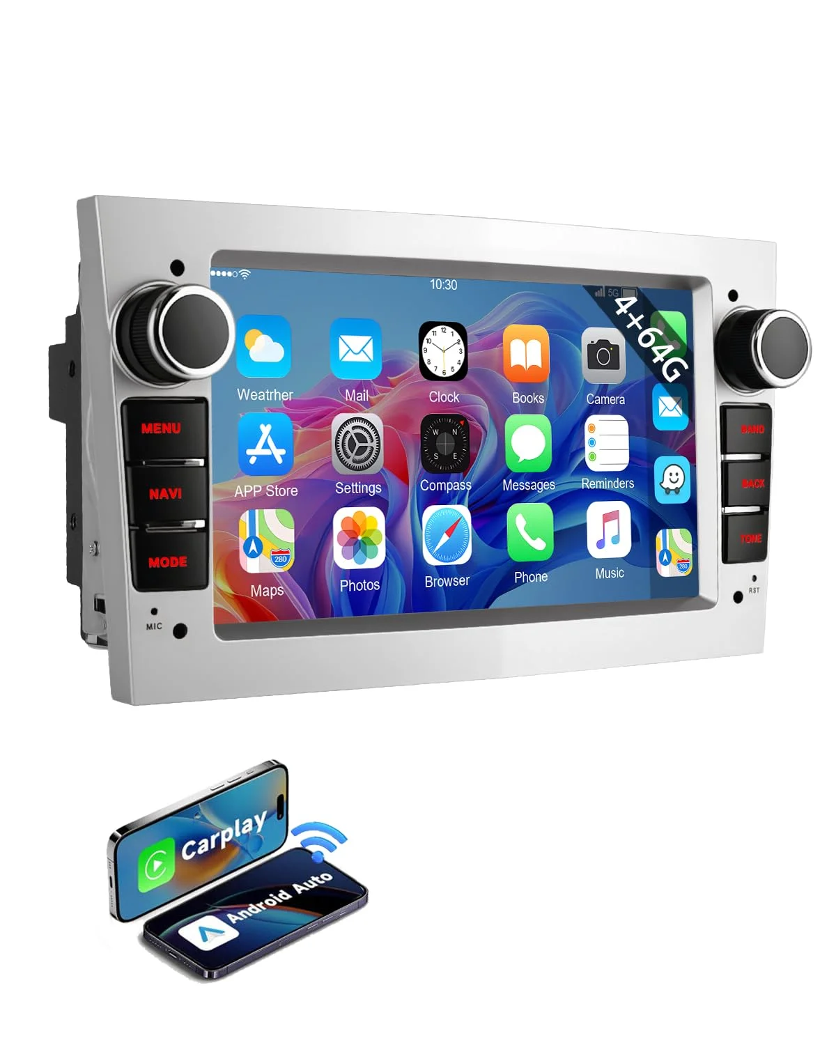 ESSGOO 4+64G Wireless Autoradio Android 15 mit Carplay und Android Auto Für Opel Astra H Corsa C/D Vectra C Zafira 7 Zoll IPS Touchscreen Bluetooth FM RDS GPS Silber Mikrofon
