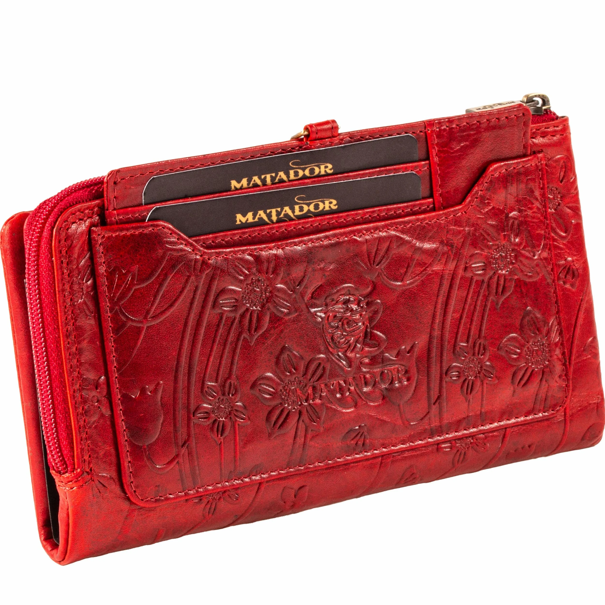 MATADOR Puebla Leder Portemonnaie Damen Mittelgroß | Geldbörse im Hochformat | RFID Geldbeutel mit Edler Geschenkverpackung | Blumen Rot