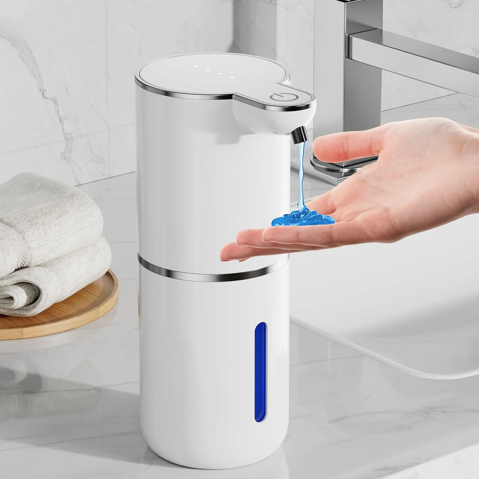 Fantictas Automatischer Seifenspender, elektrischer Flüssigseifenspender, USB wiederaufladbar, 4 Stufen verstellbar, 380 ml Wandhalterung, geeignet für Badezimmer/Küche/Geschirrspülmittel, Weiß