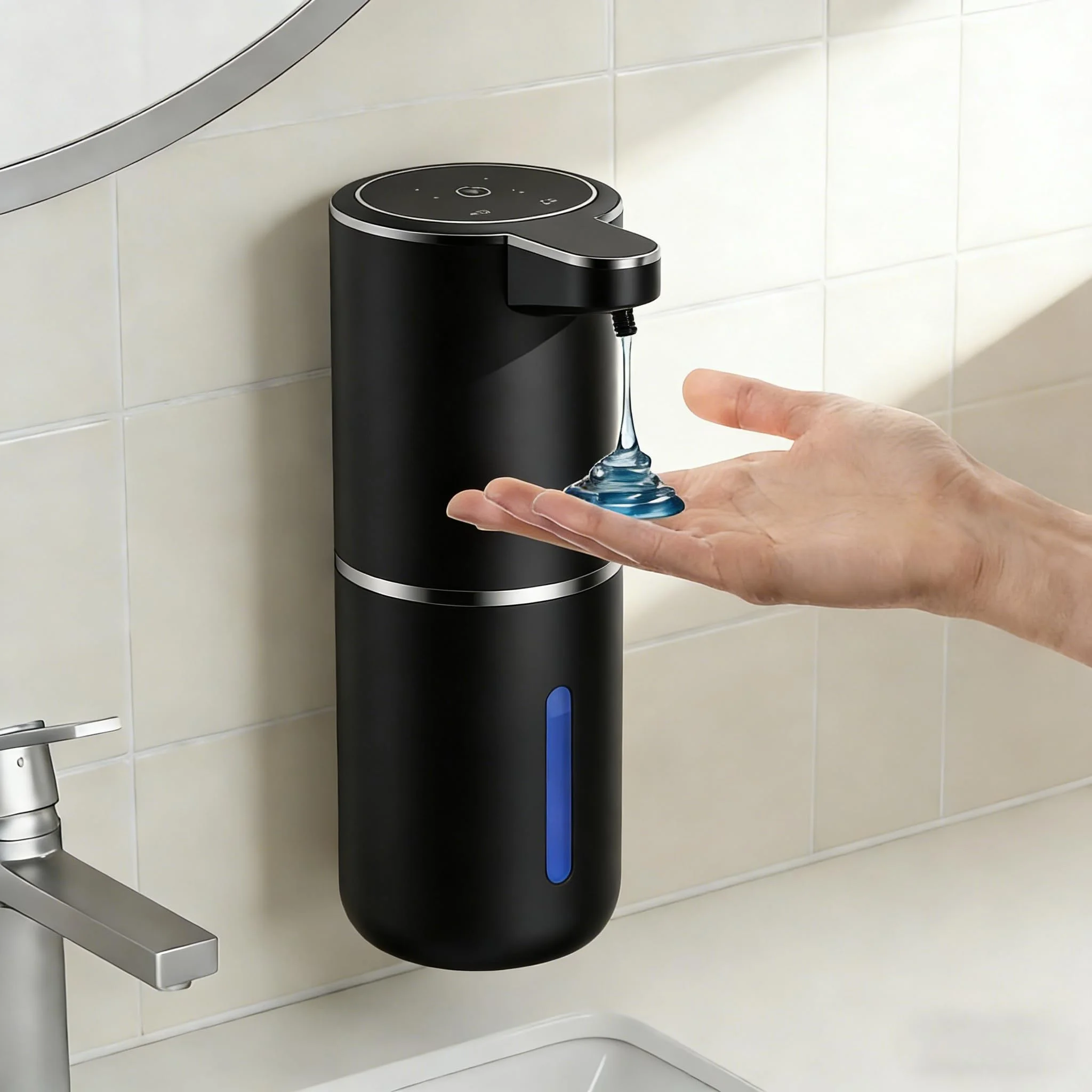 Fantictas Seifenspender Automatisch Wandbefestigung mit Sensor Infrarot,380ml Elektrischer Seifenspender ohne Bohren mit USB Wiederaufladbar,IPX5 Schwarz Plastik