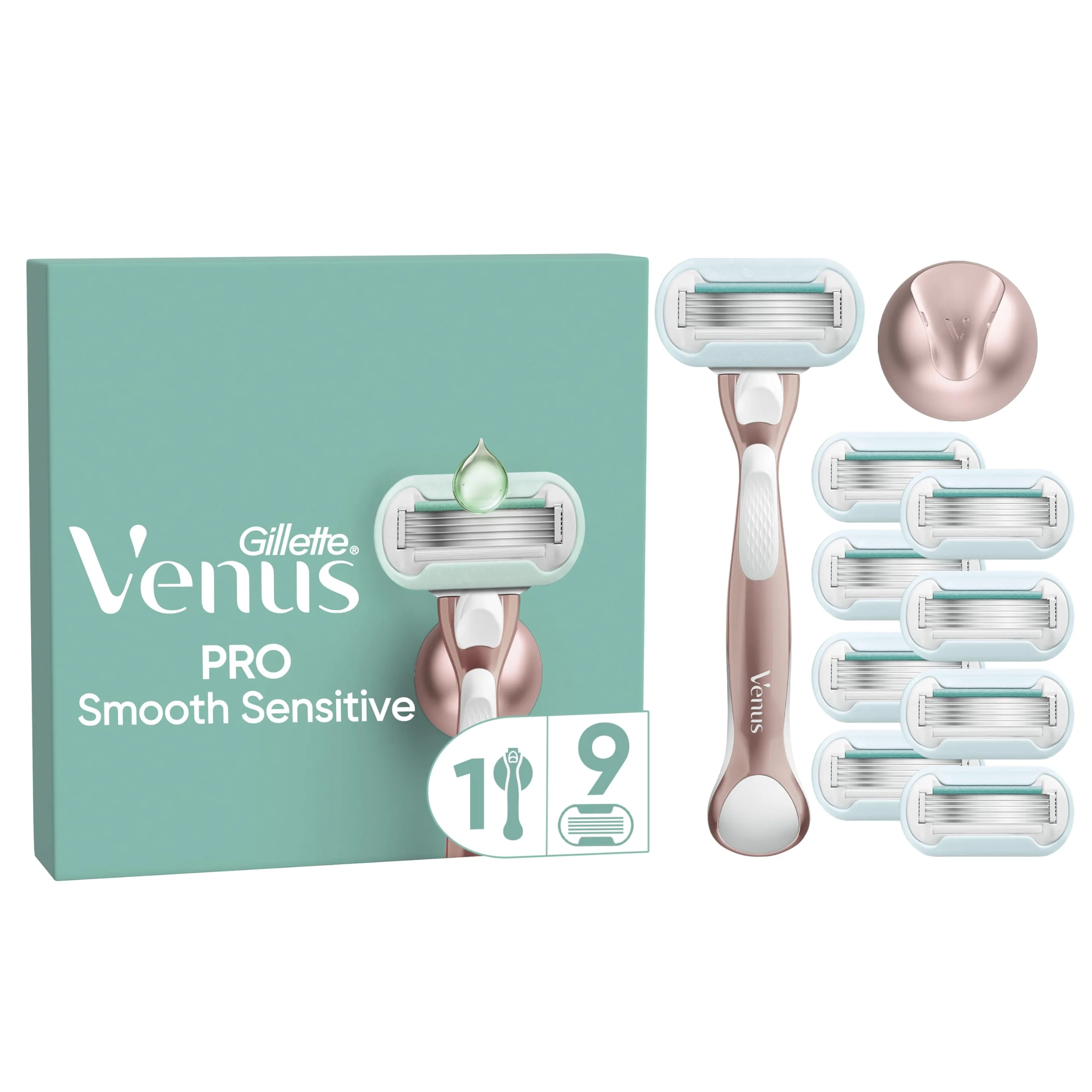 Gillette Venus Pro Smooth Sensitive Damenrasierer für empfindliche Haut, 9 Ersatzklingen, langlebiges Metallhandstück und Duschhalterung