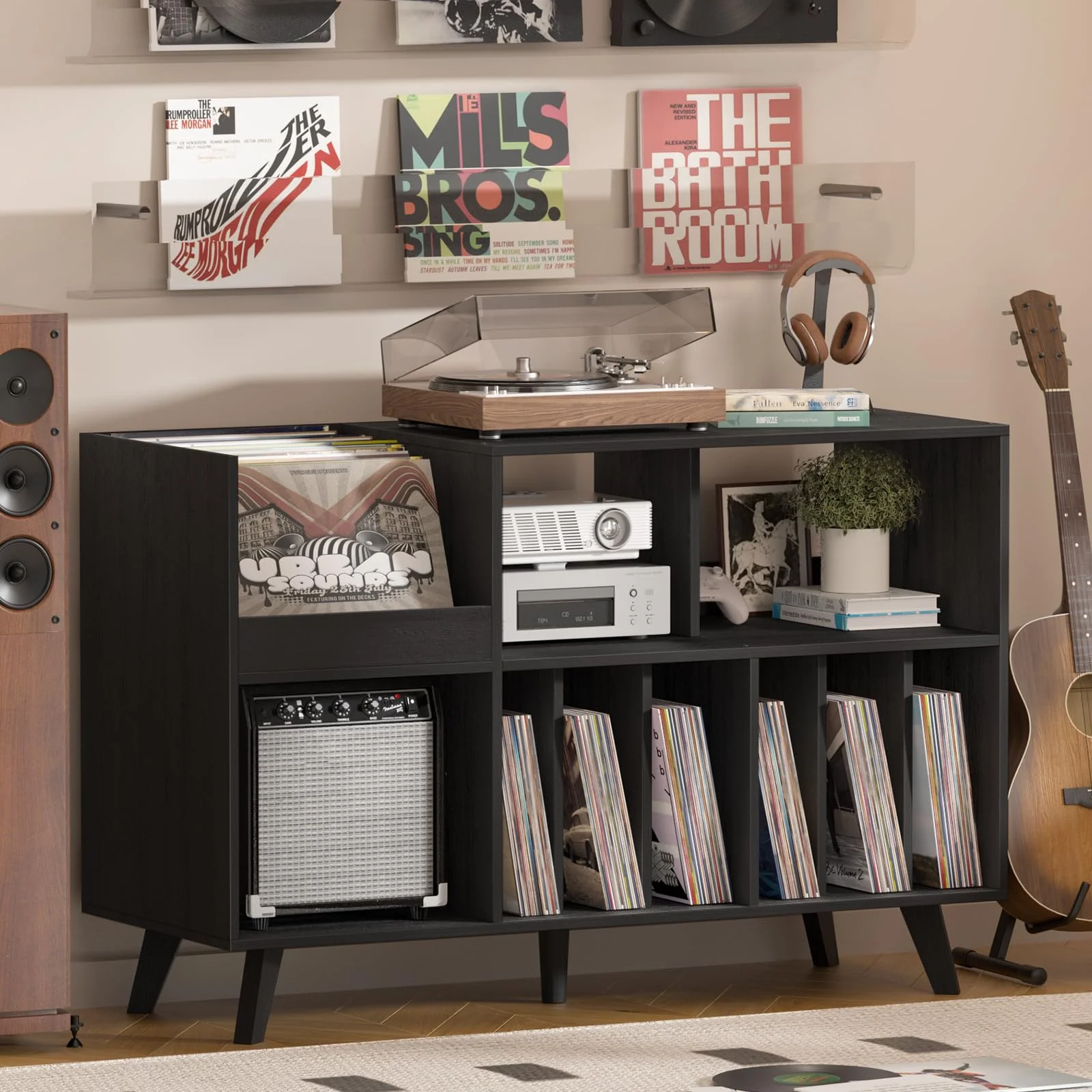 Großer Plattenständer mit Aufbewahrung,Plattenspieler-Ständer mit Ablage,Vinylplatten-Halterung mit Präsentationsfläche,Plattenständer für bis zu 450 Alben, Plattenregal für Musikzimmer und Wohnzimmer