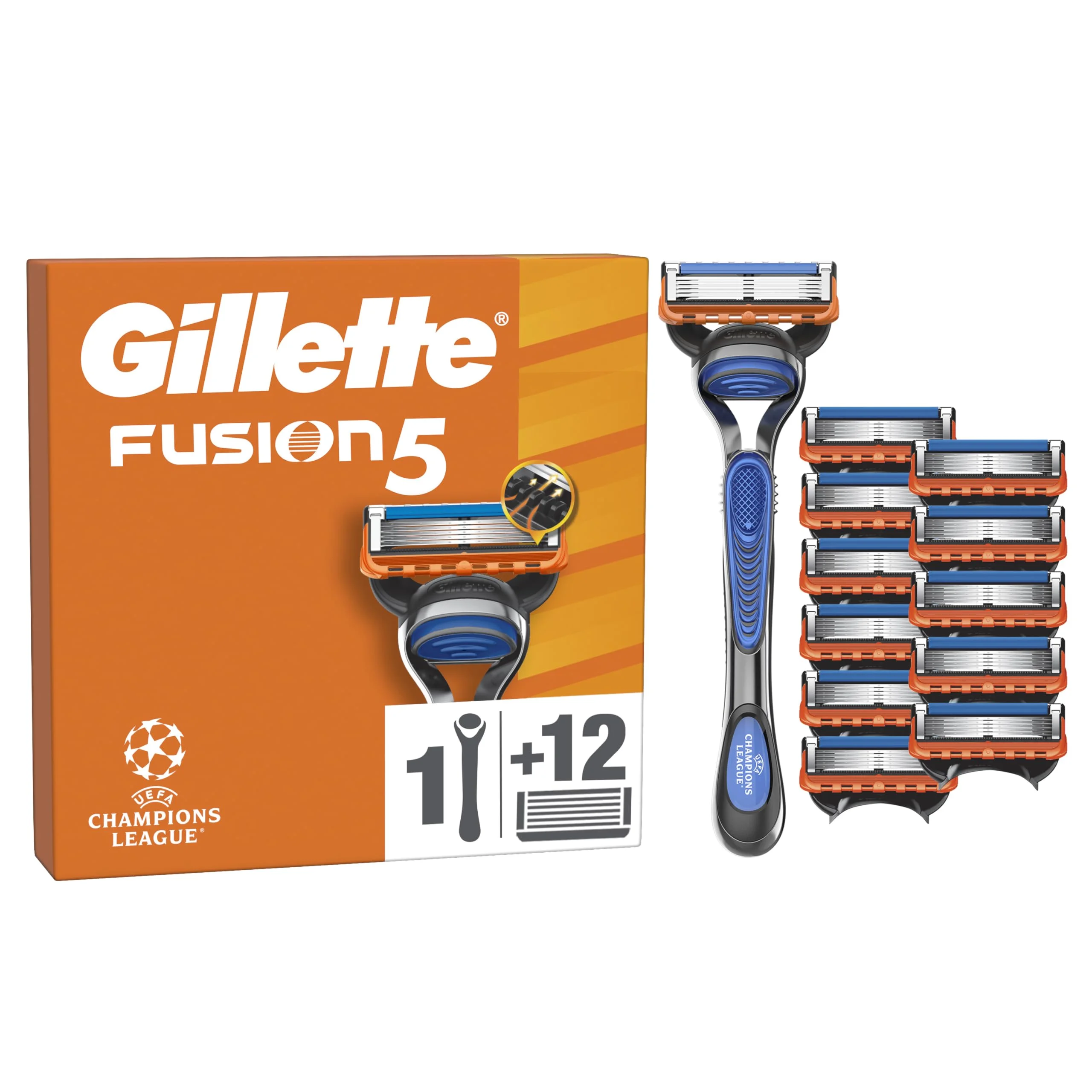 Gillette Fusion5 Rasierer für Männer UEFA Champions League Special Edition, 1 Gillette Rasierer, 12 Ersatzklingen, Mit Gleitstreifen und 5 Klingen für eine gründliche, langanhaltende Rasur