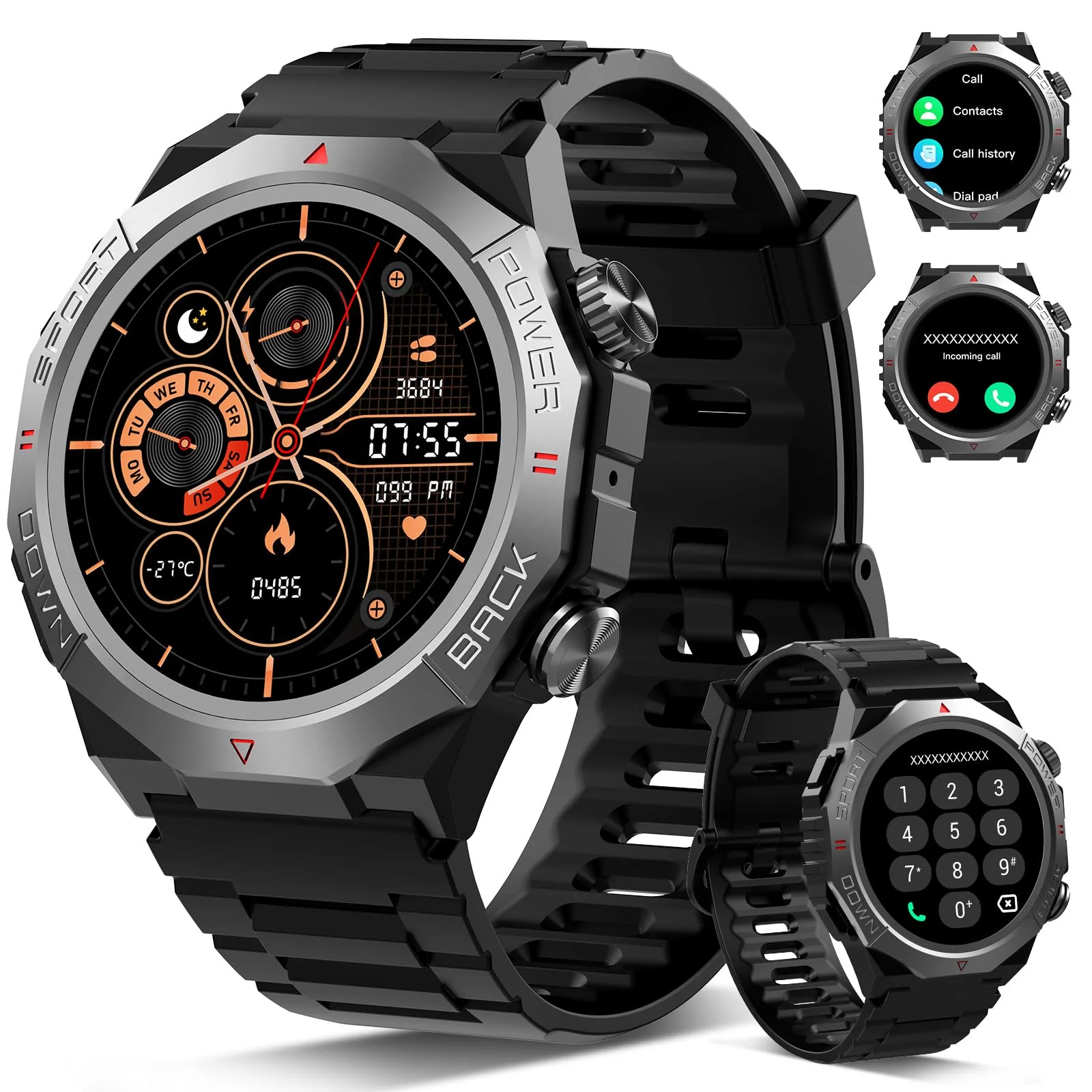 Militär Smartwatch Herren Damen, Smart Watch mitTelefonfunktion 1,39" Touchscreen, Herzfrequenzmonitor Schlafmonitor IP68 Wasserdicht Sportuhr, 110+ Sportmodi Fitnessuhr für iOS Android, Schwarz(2026)