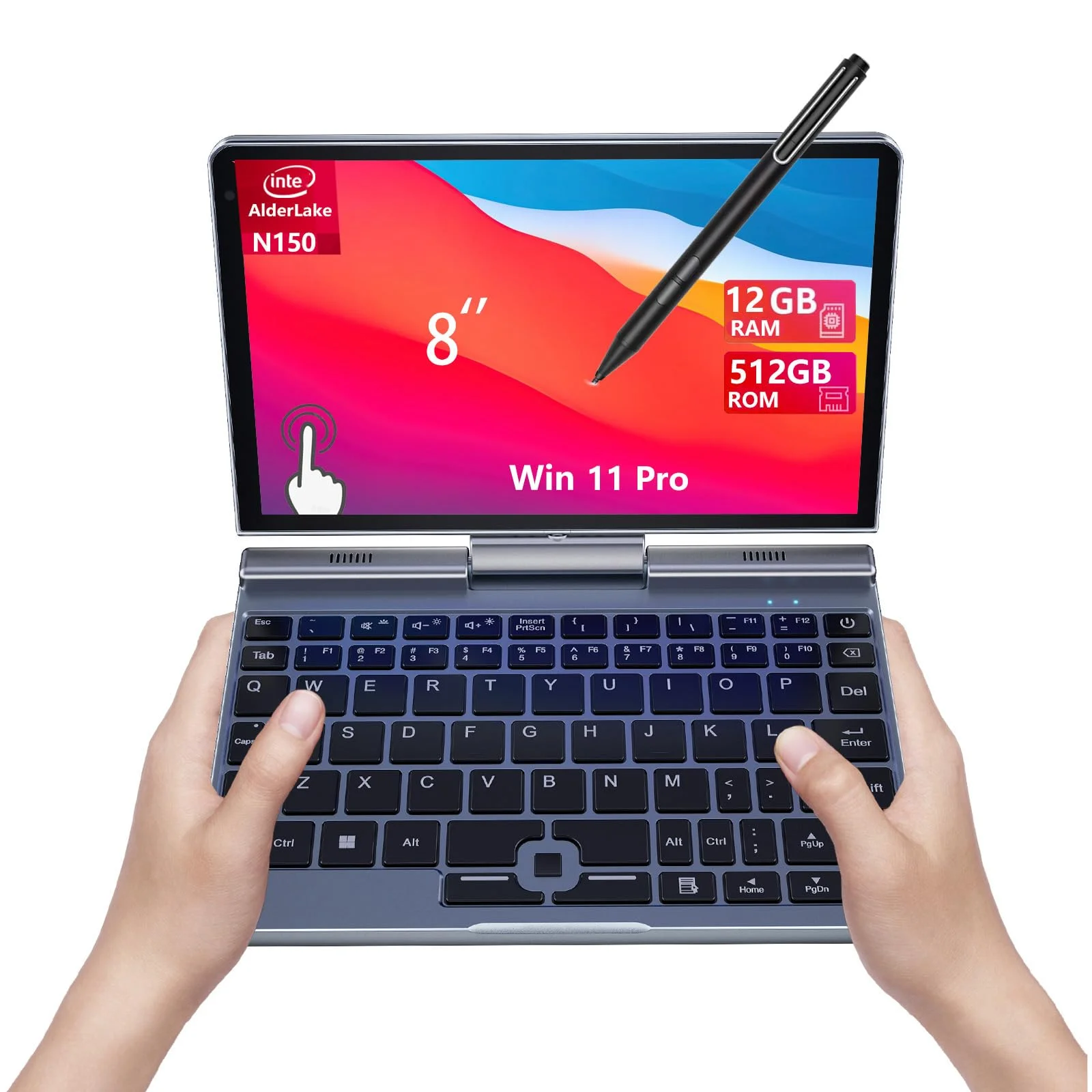 8-Zoll 2-in-1 Mini-Laptop mit QWERTZ-Tastatur, drehbarem HD-Touchscreen &amp; Stiftunterstützung, Windows 11 Pro, N150, 12GB RAM, 512GB SSD, Wi-Fi 6, BT 5.2, HDMI, Typ-C, 2MP Kamera