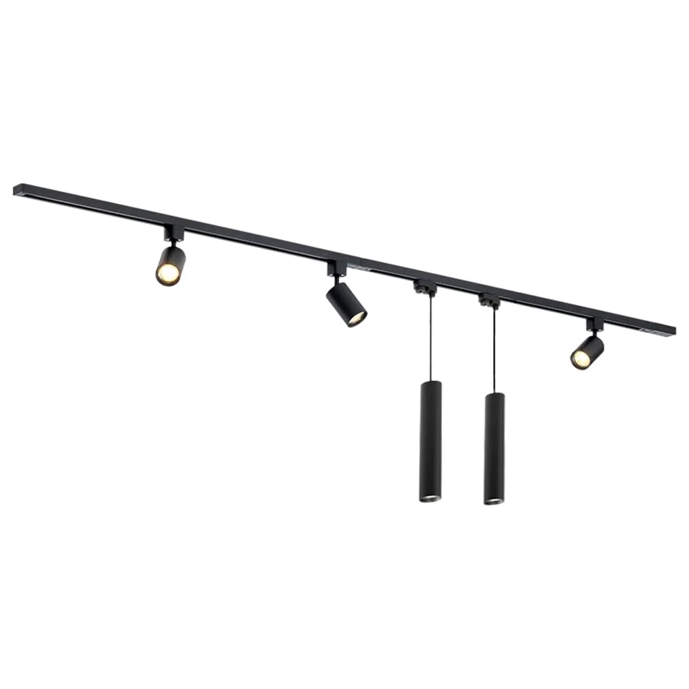Qub Focus III 1-Phasen Led Schienensystem Komplettset - 200cm - Set 3 Spots und 2 Pendelleuchten - 2x 1m Licht Schienensystem - I-Form - GU10 &amp; LED-Kompatibel - Erweiterbar &amp; flexibel - Schwarz