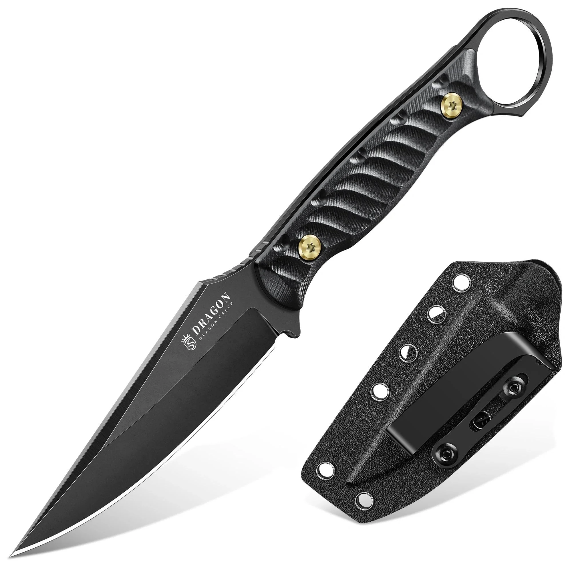 Dragon Creek Feststehendes EDC-Messer, ausgestattet mit Kydex-Scheide und Taschenclip Die einteilige Vollkonstruktion eignet sich für Outdoor, Camping, und Wandern (Schwarz)