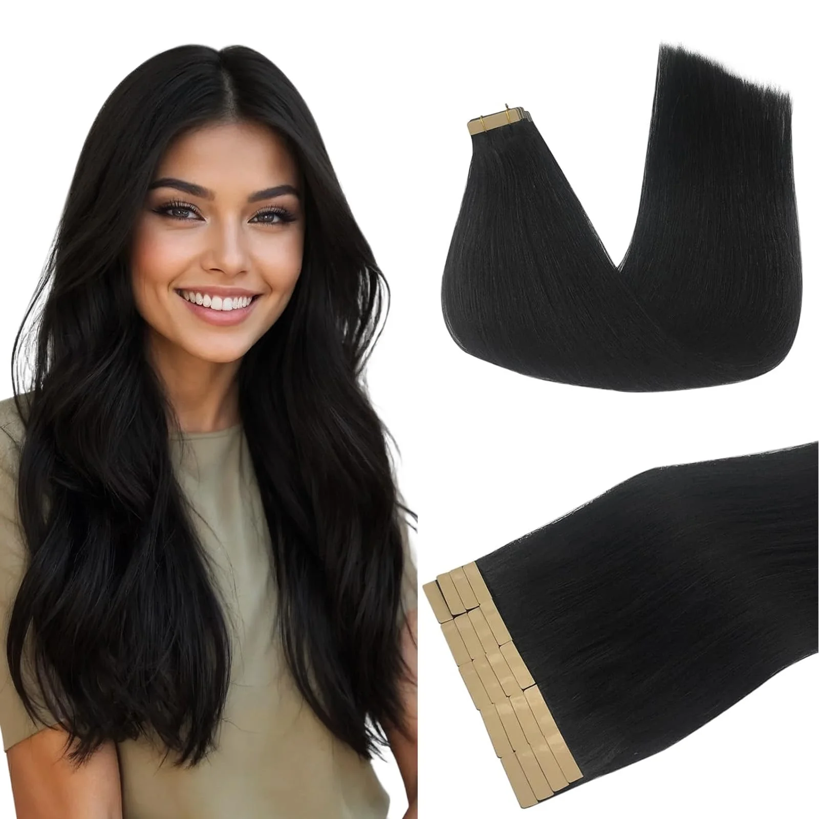 DOORES Extensions Echthaar Tape in, Tief Schwarz 45cm (18zoll) 50g 20pcs, Remy Haarextension Tape in Echthaar Extensions Remy Haarverlängerung Unsichtbar Echthaar