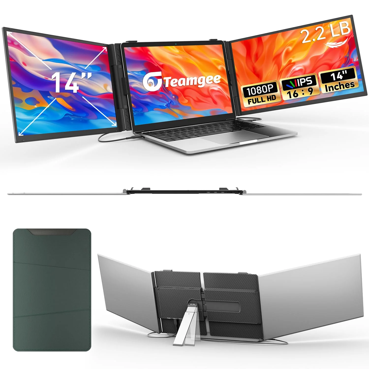 Teamgee 14" Laptop Bildschirm Extender für alle Laptops, 0.9kg ultradünner und Leichter, robuster tragbarer Monitor mit verstellbarem Ständer, FHD 1080P für 13,3-17,3 Laptops, Wins/Mac/DEX/Chrome