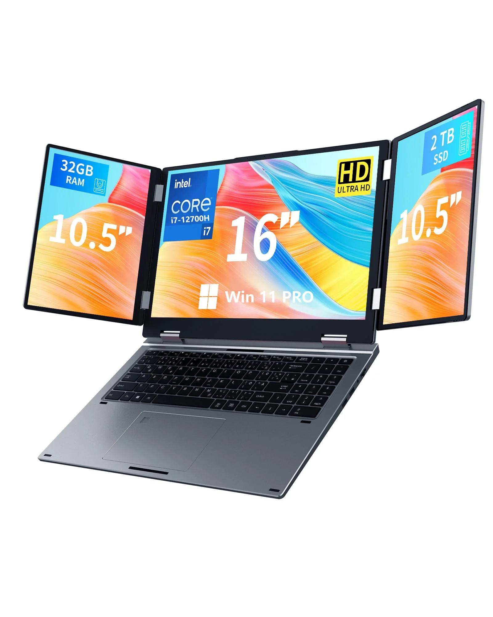 KOOFORWAY Laptop mit 3 Bildschirmen, 16" Hauptdisplay + 2x10,5", i7-12700H, 32GB RAM, 2TB SSD, Win 11 Pro, Wi-Fi 5, BT 5.0, Gesicht-/Fingerabdruck, deutsches QWERTZ-Layout, USB-C, HDMI