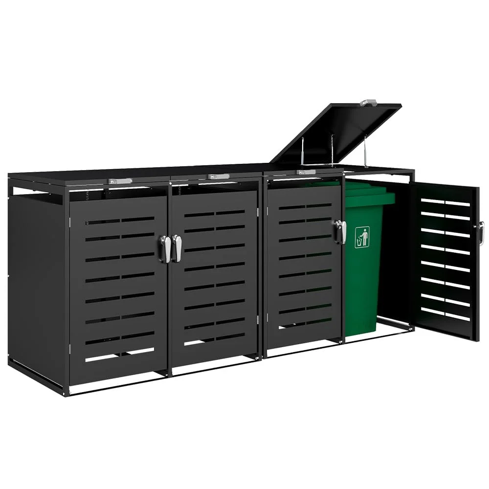 Mülltonnenbox 4er 240L Verzinkter Stahl, Wetterfeste Mülltonnenverkleidung mit Gasdruckfedern &amp; Müll-Aufkleber, Anthrazit (Lieferung: 4 Pakete, 2X A+2X B)