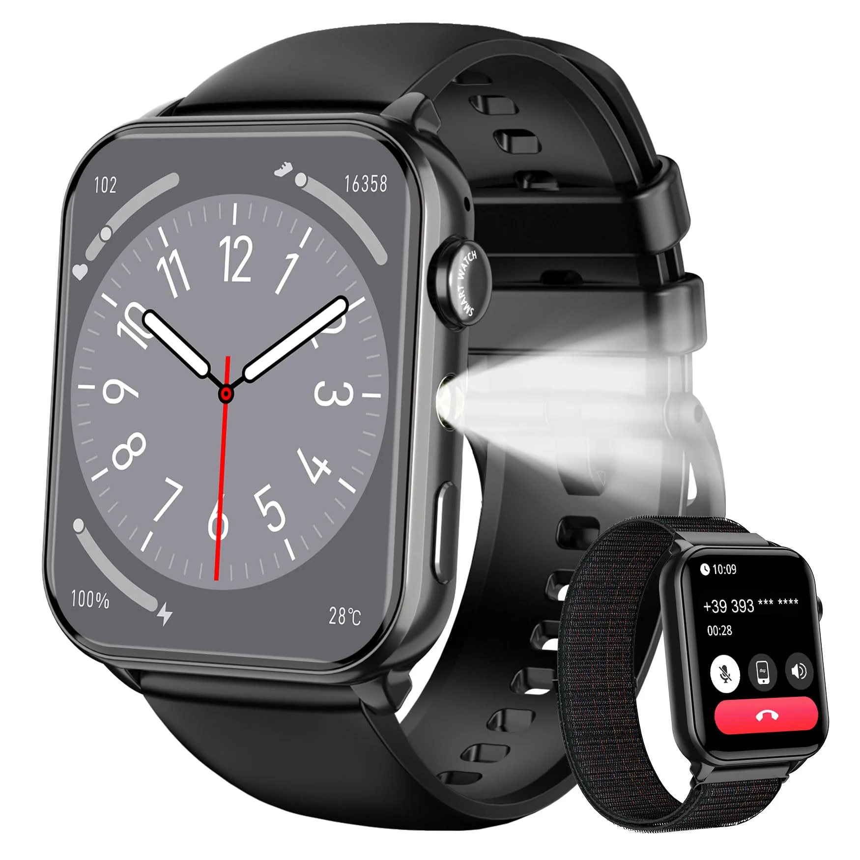 IOWODO Smartwatch Herren Damen | Bluetooth Anrufe & LED-Leuchte | SpO2 & Schlafüberwachung | 350mAh (6+ Tage) | 2 Armbänder (Silicone/Nylon) | Fitnessuhr für Android & iOS | Taschenlampe