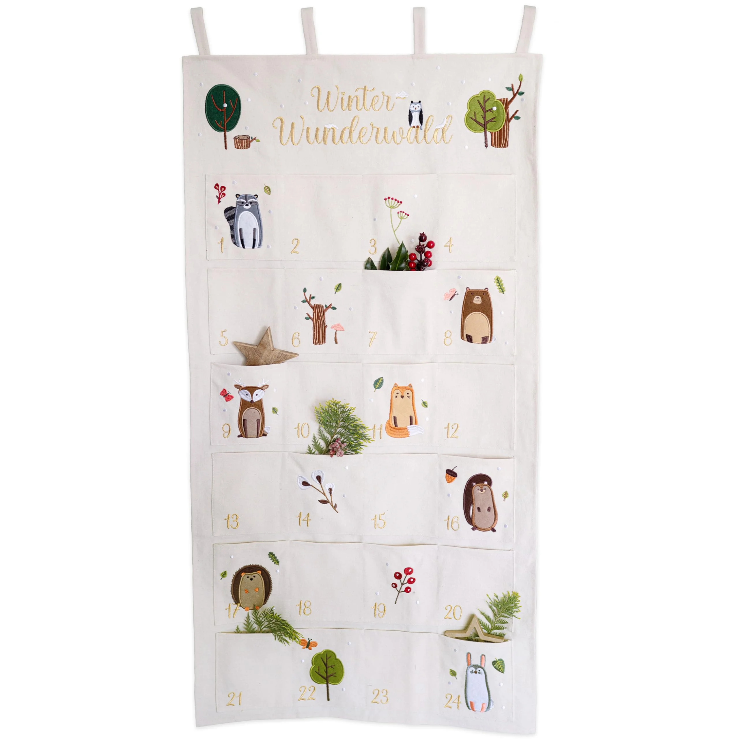 Papierdrachen Adventskalender 2025 - bestickter Stoff-Wandkalender „Waldtiere“ - mit Stoffbeuteln zum Befüllen - hochwertig &amp; wiederverwendbar