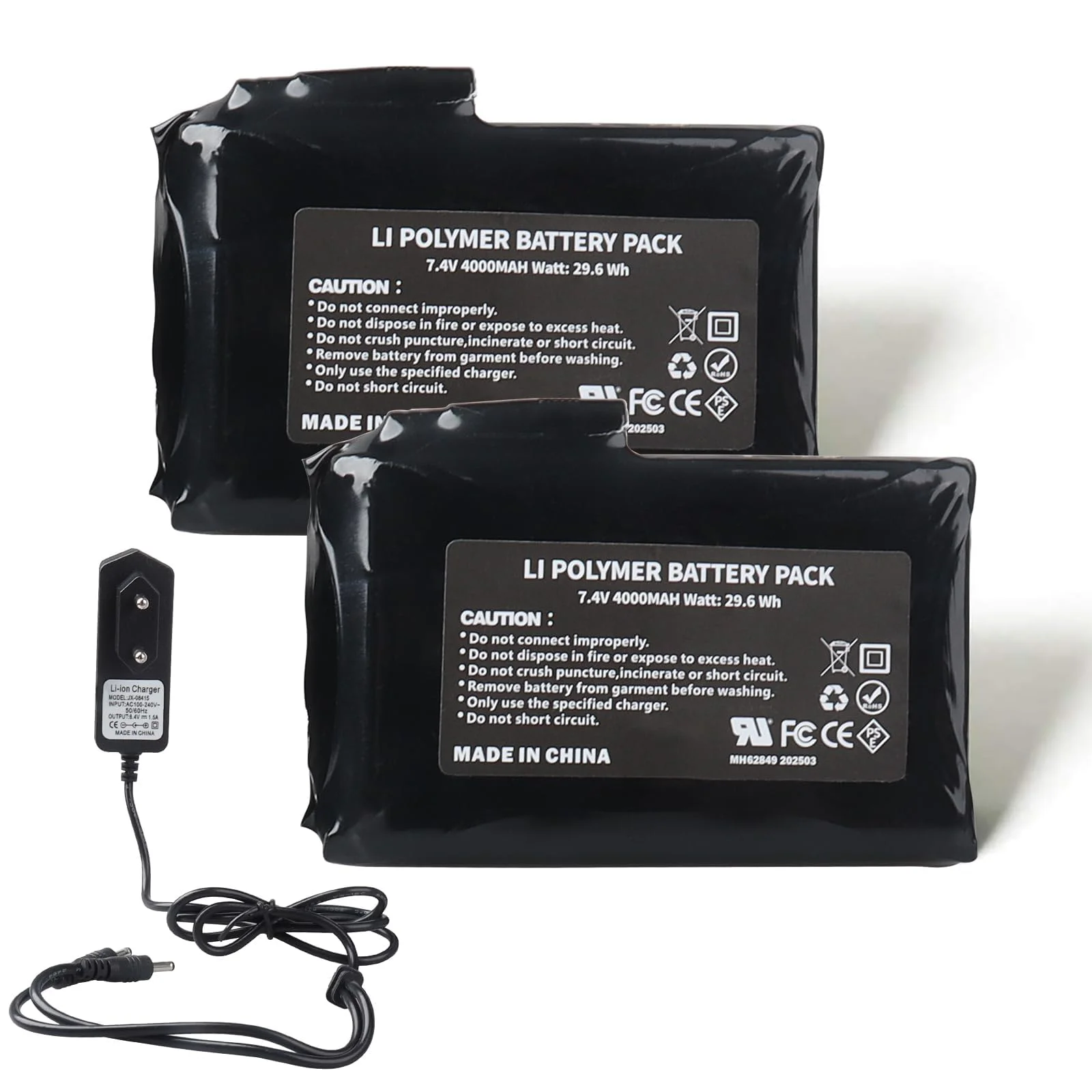 MXJFYY 2 Stück 7,4 V 4000 mAh 22,2 Wh Li-Polymer-Akku für be-heizte Handschuhe, be-heizte Socken, be-heizte Mützen, beheizte Sturmhauben, beheizte Einlegesohlen, Thermounterwäschehosen, Fäustlinge