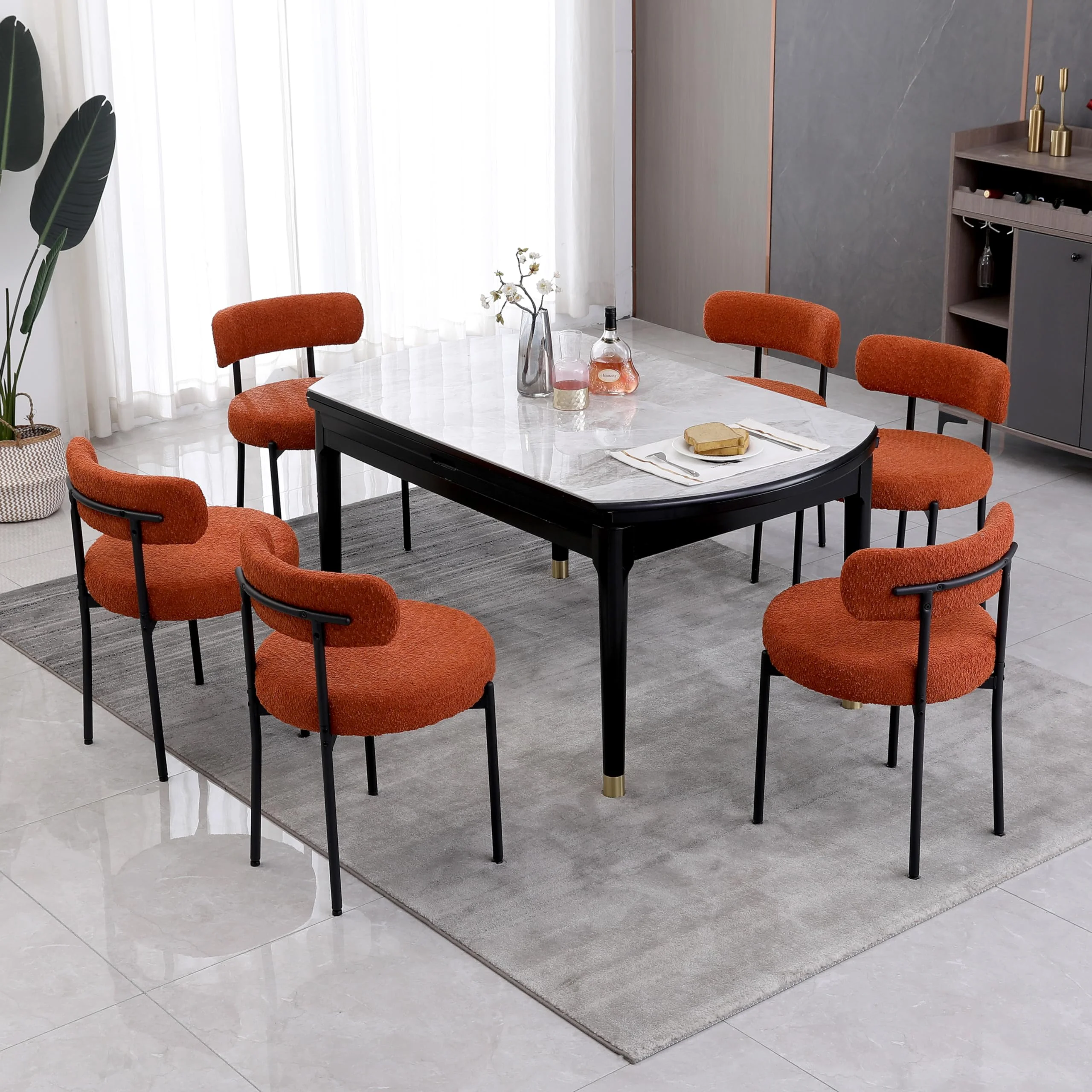 AISALL Esszimmerstühle 6er Set mit Rückenlehnen,Küchenstühle Gestell aus Schwarze Metall, Polsterstuhl Modern Retro Design Stühle, Stühle für Küche, Esszimmer, Orange