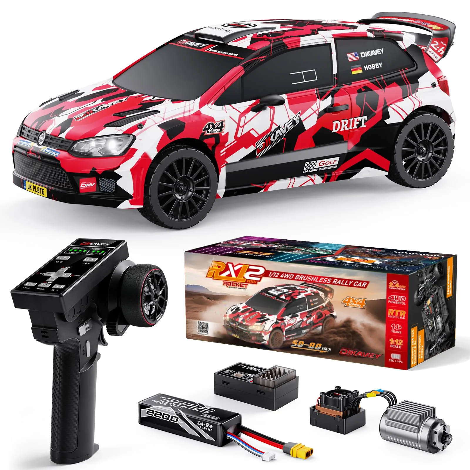 DIKAVEY 1/12 Schnelle RC-Autos für Erwachsene, Max 50 MPH Brushless Drift Ferngesteuertes Car mit Gyro, 4WD RTR High Speed Rally, mit 3S 2200 mAh Drifting RC-Fernbedienungsauto für Erwachsene