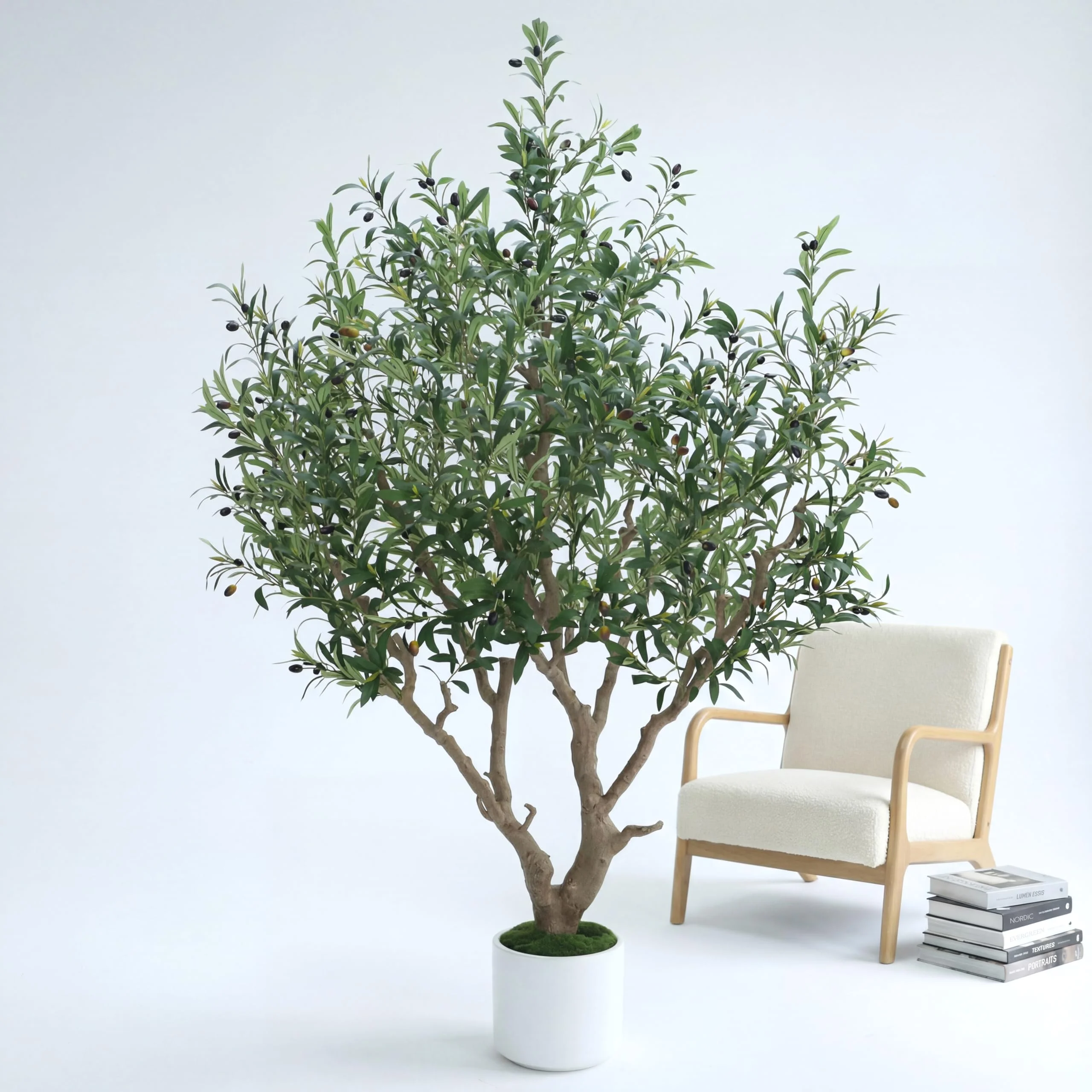 Botanwerk® Olivenbaum künstlich 210 cm inkl. Topf - künstlicher Olivenbaum mit naturgetreuem Stamm, realistischen Blättern &amp; Oliven - künstlicher Baum für Indoor &amp; Outdoor, groß, inklusive Moos &amp; Topf