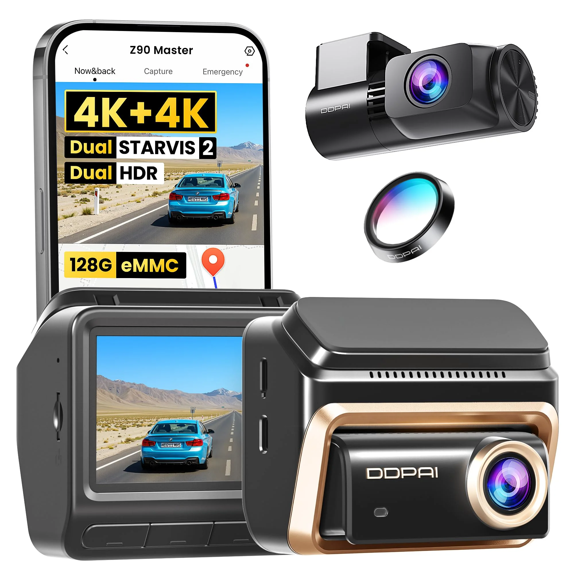 DDPAI Z90 Master Dashcam 4K+4K Vorne Hinten, Dual STARVIS 2 HDR, 128Go eMMC, CPL Inkl, Nachtsicht Anti-Flicker, 3K/60FPS Autobahn, GPS ADAS, WiFi, 4G LTE, 24h Parküberwachung, IPS 3"
