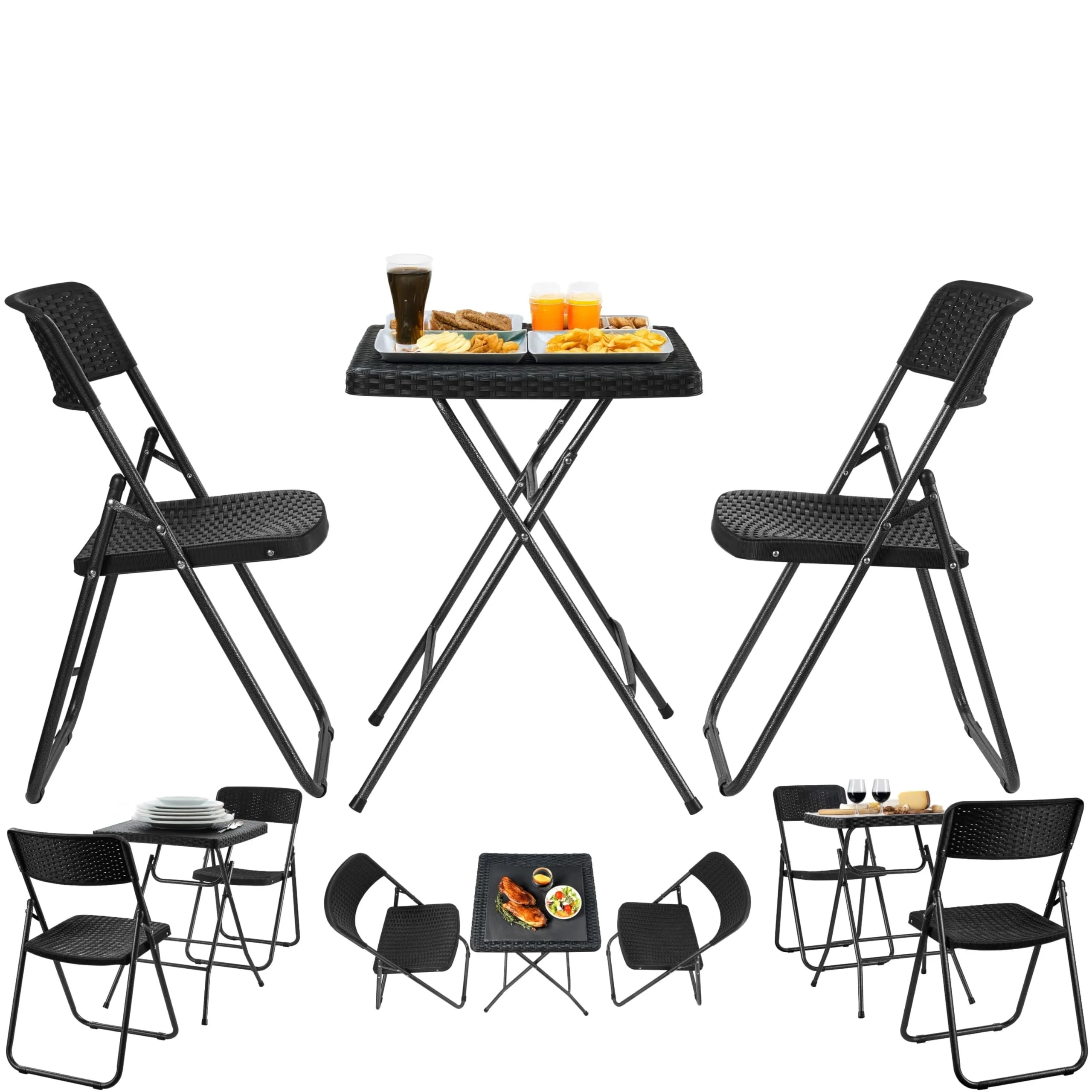 ecosa® Bistroset 3-teilig Balkontisch mit 2 Stühlen Gartentisch klappbar - Balkonset klappbare Stühle - Sitzgruppe Balkonmöbel Wetterfest Gartenmöbelset Rattan Optik aus robustem 600D Oxford PVC