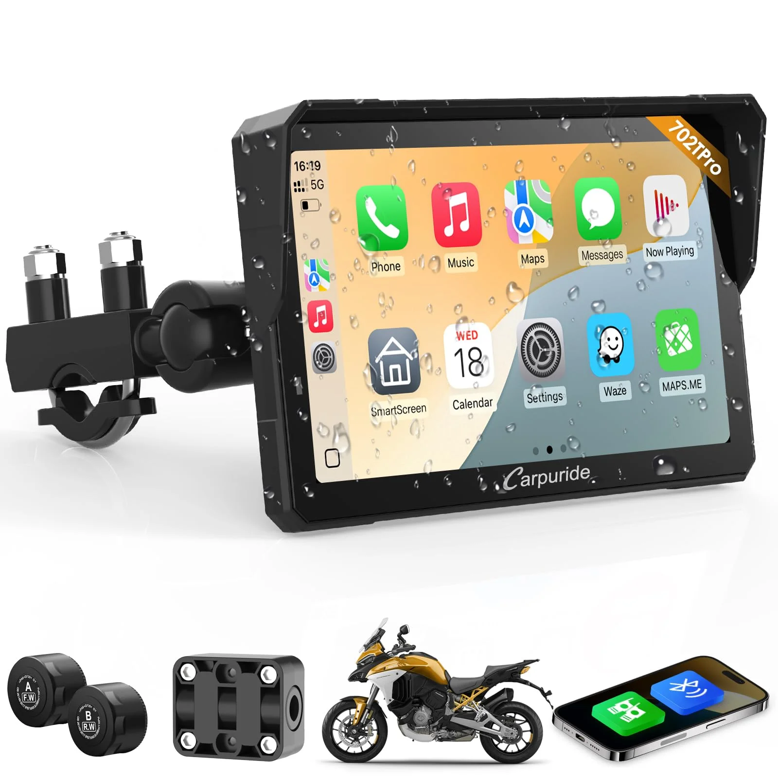 Carpuride W702T Pro Motorrad Carplay Bildschirm mit TPMS System, Kabellos CarPlay &amp; Android Auto, Tragbar 7" Wasserdicht Touchscreen, Dual Bluetooth, Gegensprechfunktion, Navi, Kompass, Barometer.