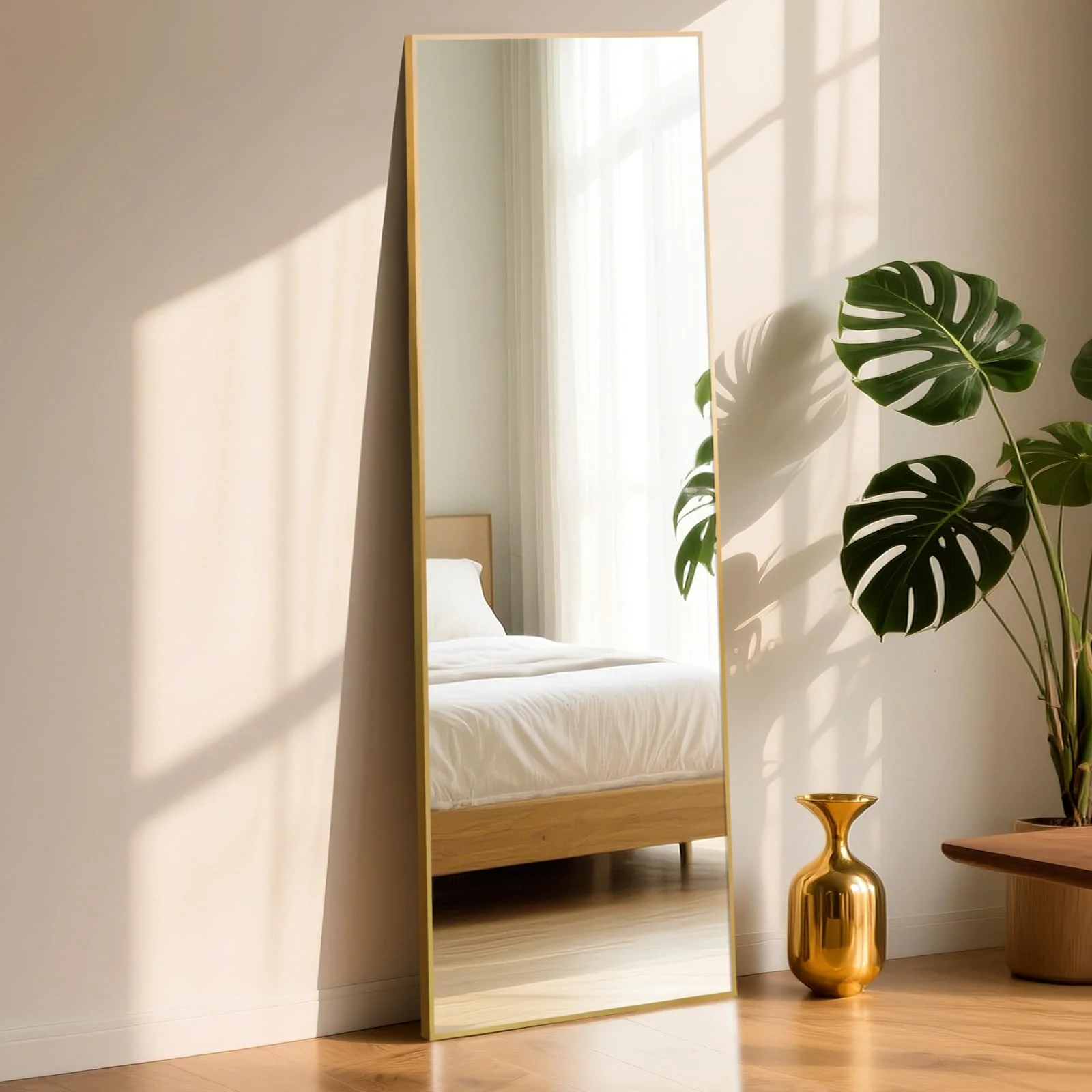 ABXMAS Bodenspiegel Square Right Angle 152x42cm Gold, Moderner Spiegel Ganzkörper, Stabiler Ganzkörperspiegel aus Aluminium mit Sicherheitsglas