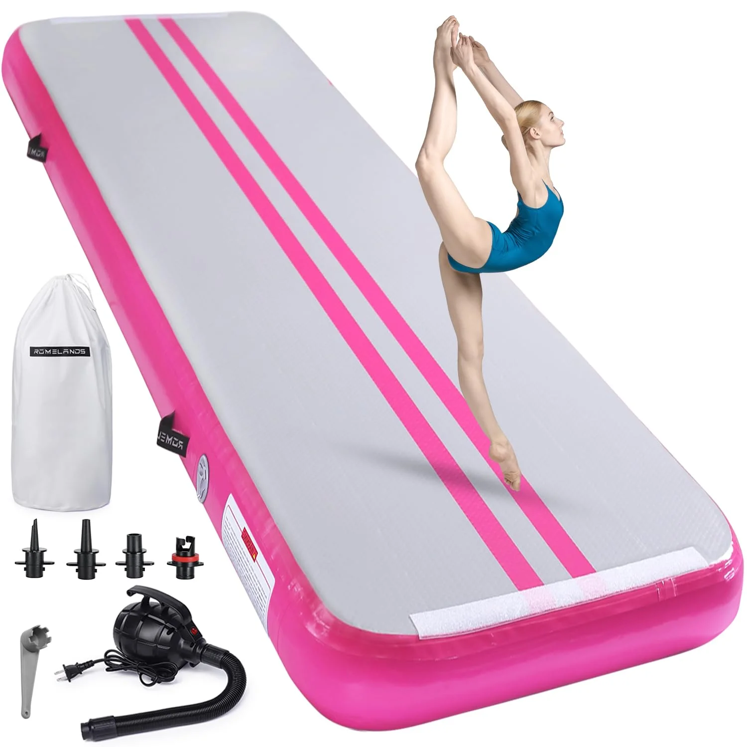 ROMELANDS Turnmatte Aufblasbar, 3M/4M/5M Trainingsmatte mit Luftpumpe, 10 cm hoch Gymnastikmatte für Yoga, Taumel, Turnen, Ausbildung