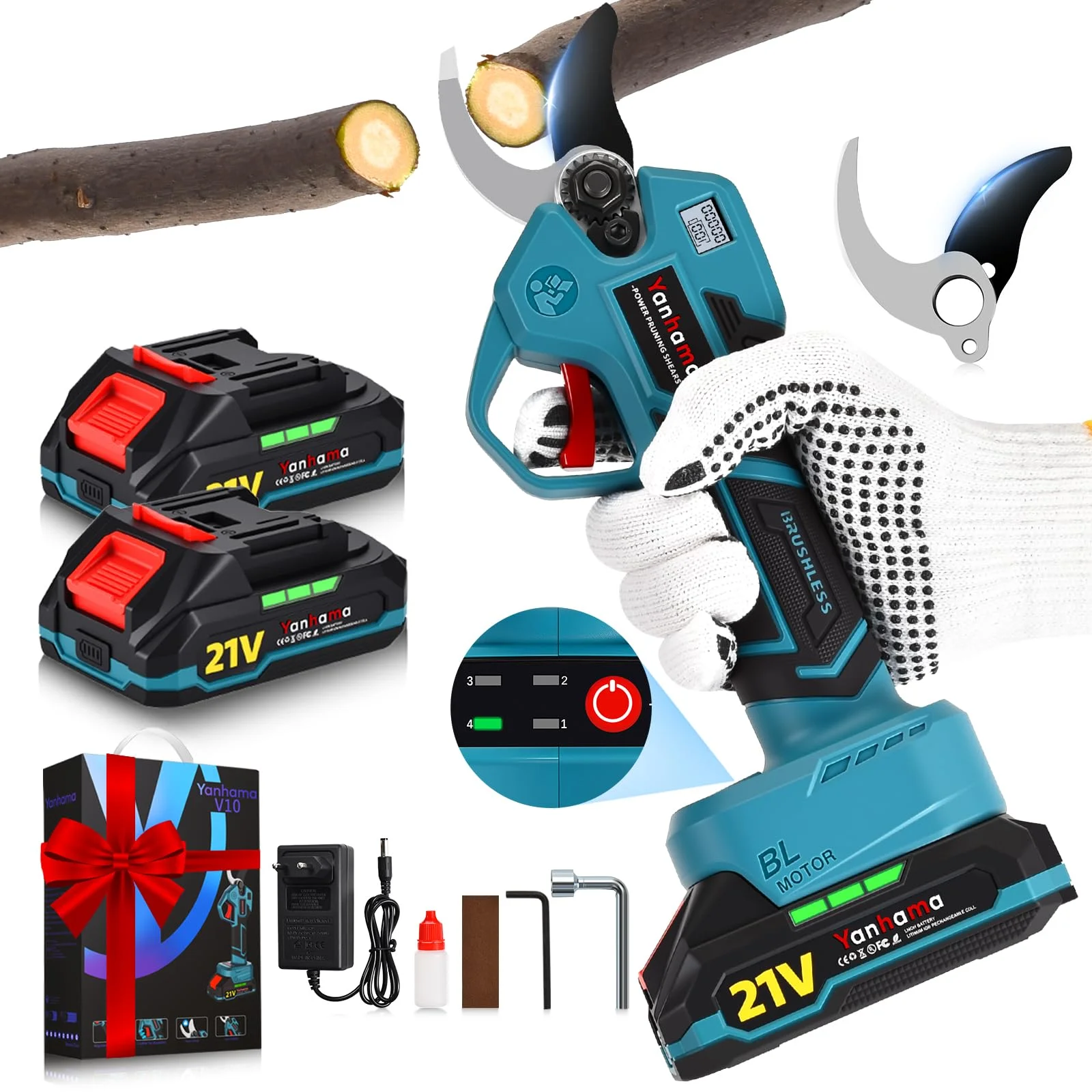 Yanhama Akku Astschere 50mm Akku 2*2000mAh Bürstenloser Motor 4-Stufen Öffnung SK5-Stahlklingen Elektrische Bypass-Gartenschere mit LCD-Schnittzählerm Elektrische Astschere für Garten Äste Obstgärten