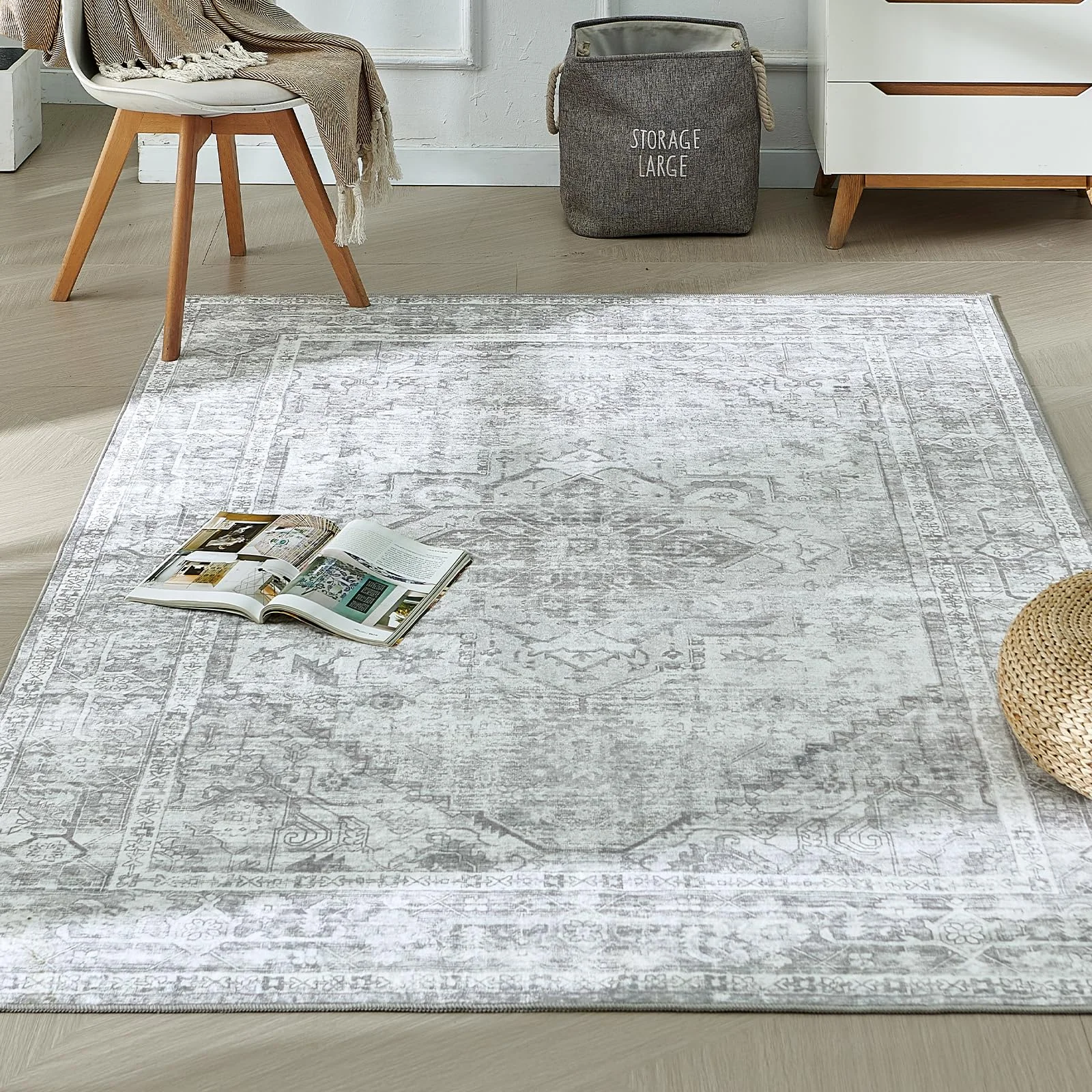 Xfrog Machine Washable Rug Large Vintage Area Rug Short Pile Non-Slip Traditional Rug Carpet for Living Room Office Kitchen Dining Grey 200x300CM