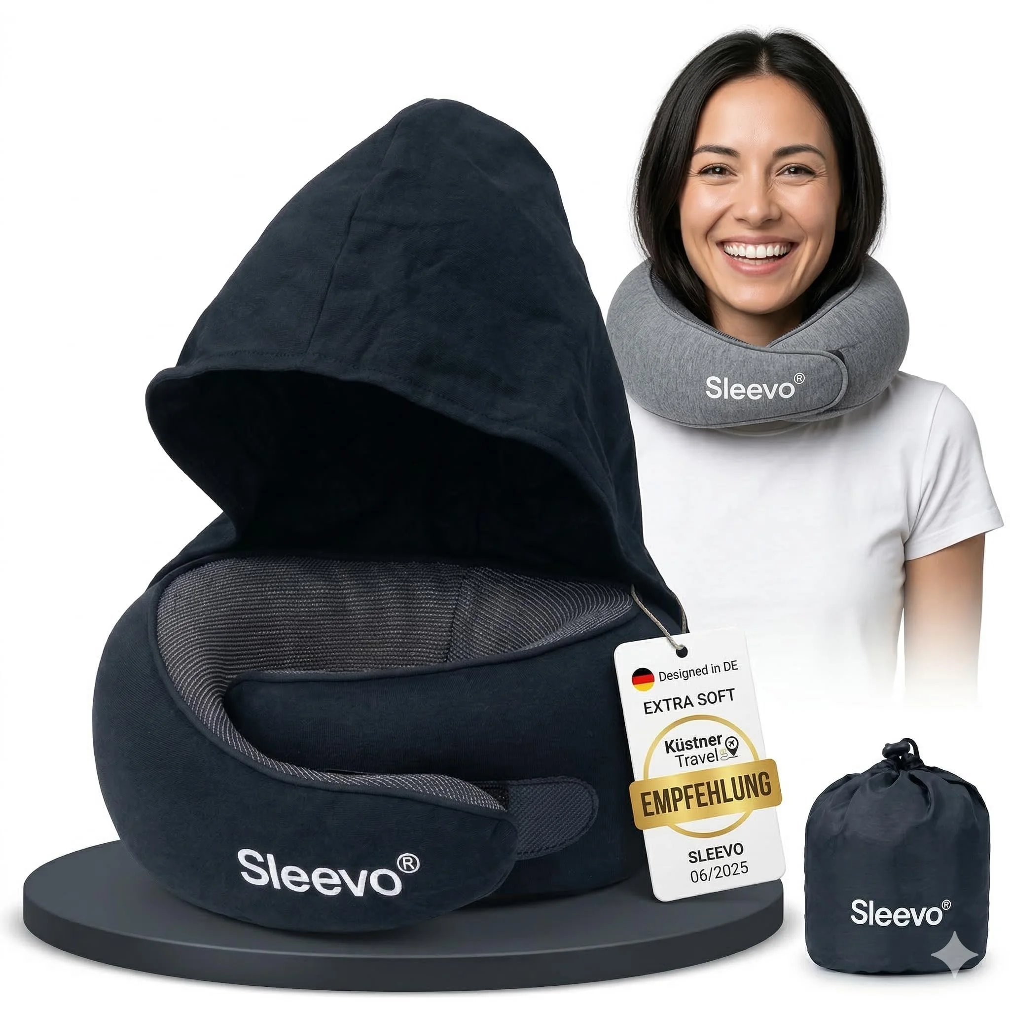Sleevo Pro Nackenkissen Flugzeug mit Kapuze &amp; Memory Foam – Nackenhörnchen &amp; Schlafkissen &amp; Reise – Ergonomisches Reisekissen, Sichtschutz &amp; Waschbar inkl. Tasche – Schwarz (L)