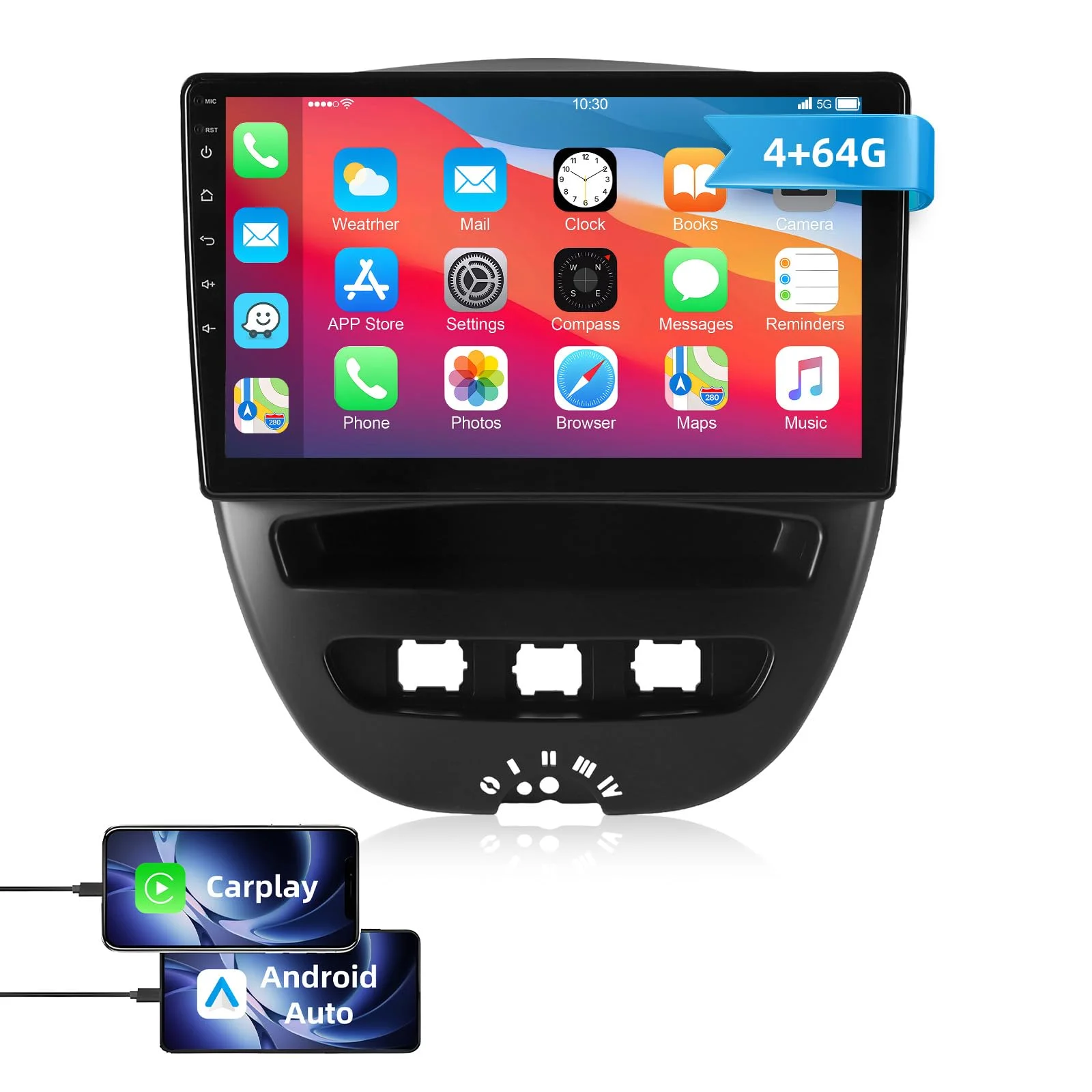 ESSGOO 4+64G Android 15 Autoradio mit Wireless Carplay und Android Auto Für Peugeot 107 / Citroen C1 / Toyota Aygo 2005-2014,10 Zoll Auto Radio Display mit Bluetooth WiFi GPS Mirror Link FM Mikrofon