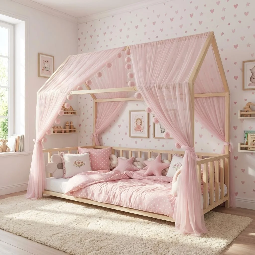 Baby Fancyroom Betthimmel für Hausbett, Bettvorhang aus Tüll, Beige, 2er Set mit Schleifen und Pompomgirlande, Baldachin für Kinderbett Mädchen (Rosa, 360cm, mit Pompomgirlande)