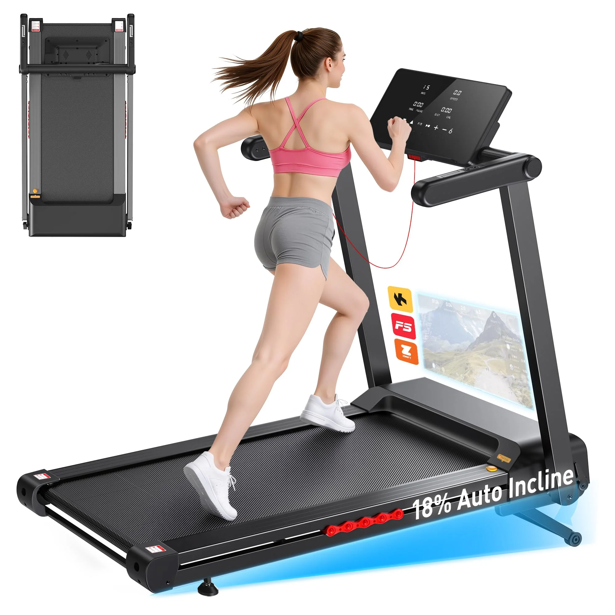 Laufband klappbar für Zuhause mit 18% Automatische Steigung, 4,5 PS Motor, Leise &amp; Kompakt, 18" Zoll Breit LED Anzeige &amp; 12 Programme, Elektrisches Fitness Laufband bis 180kg