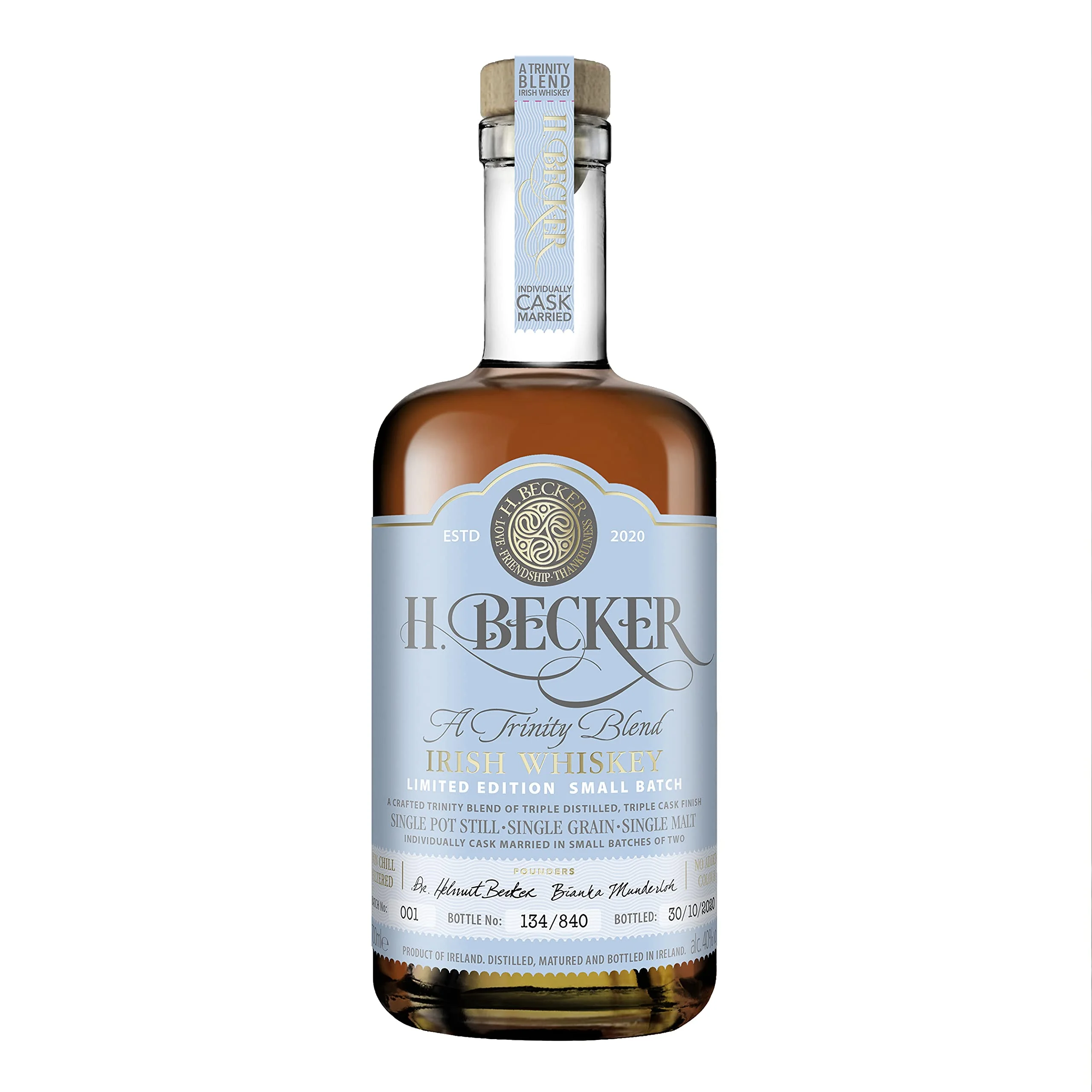 H. Becker Irish Whiskey Trinity Blend I Limitierter Small Batch Whiskey I Trinity Blend aus Single Pot Still Whiskey, Single Grain Whisky &amp; Single Malt Whiskey I 40% Vol. I 0,7 L