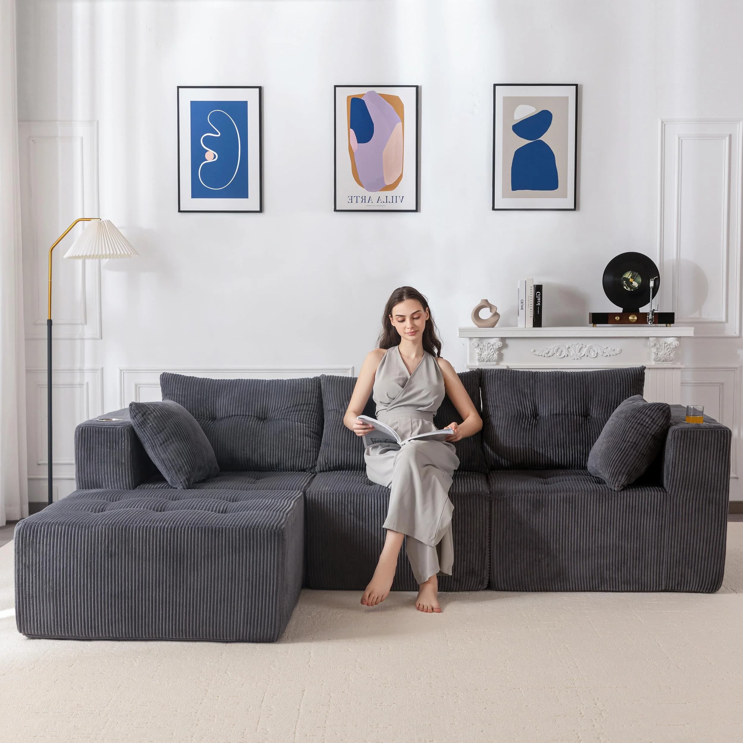 MAXYOYO Ecksofa Corduroy mit Becherhalter, Modulares Sofa umbaubar in L-Form und Doppel Schlafsofa, Boneless Couch 3 Sitzer für Wohnzimmer, Keine Montage Erforderlich