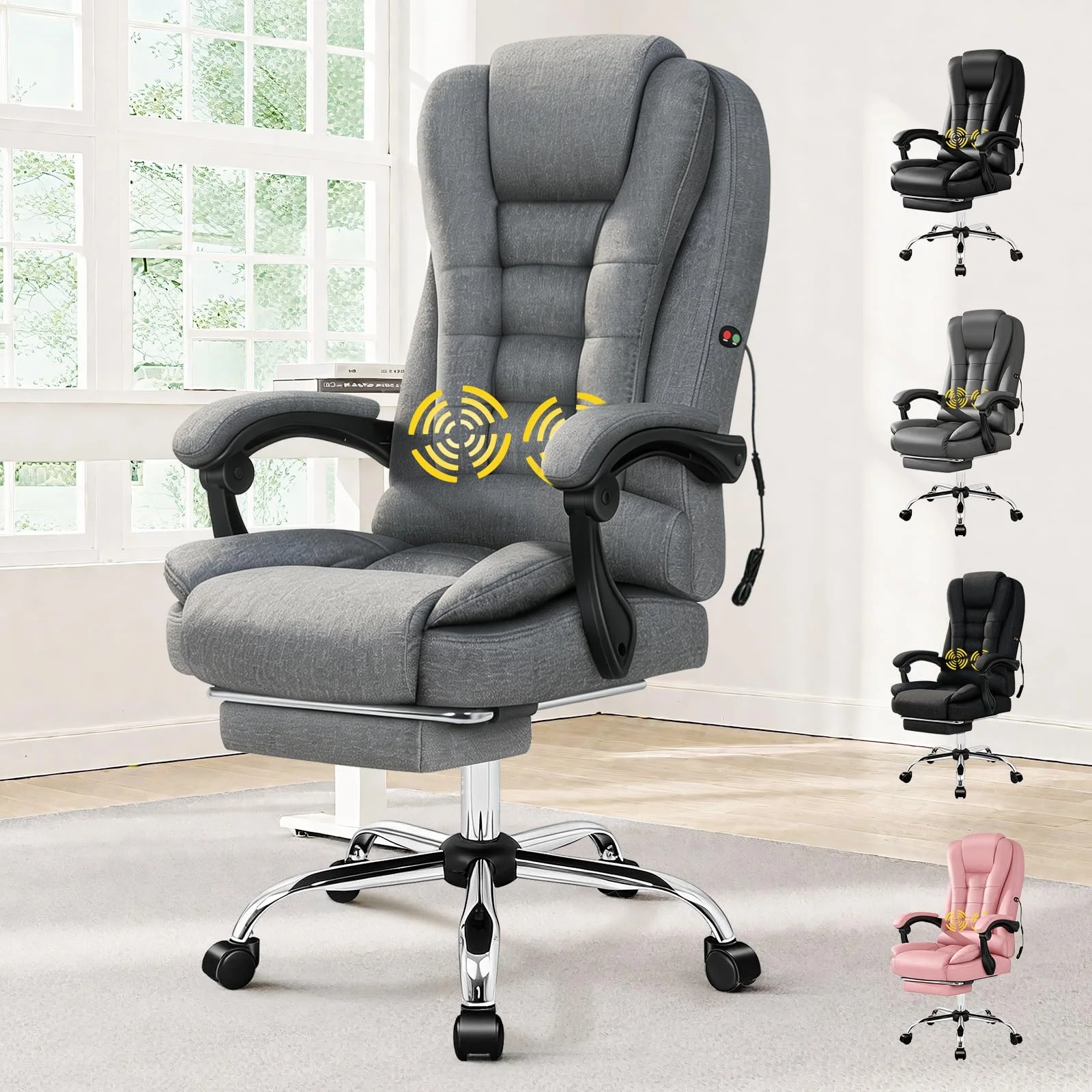 ALFORDSON Ergonomischer Bürostuhl Chefsessel Massage, Schreibtischstuhl Ausziehbare Fußstütze,Computerstuhl Rückenlehne 90-150° neigbar,höhenverstellbarer Drehstuhl,Besprechungsstuhl, Stoff, Grau