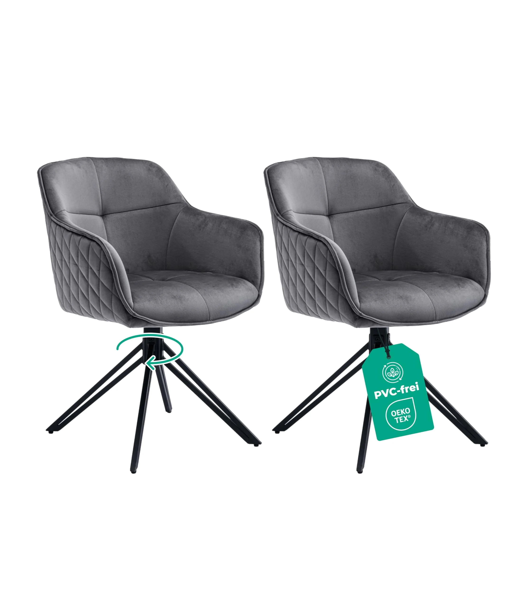 Linele Esszimmerstühle 2er Set Grau mit FEDERKERN - Drehbar & Samtbezug - Hoher Sitzkomfort - Retrostil & einfache Montage - PVC-frei & Oeko-TEX Zertifiziert, inkl. Lieferung an den Wunschort