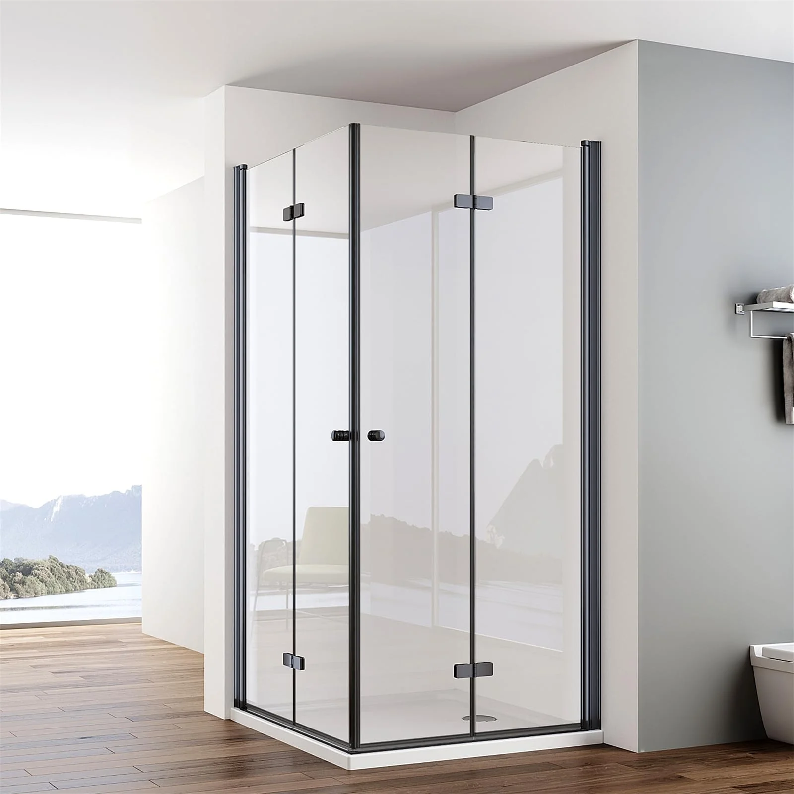 IMPTS Duschkabine Schwarz Eckeinstieg 90x90cm Falttür Doppel Drehfalttür Rahmenlos Faltdusche 180º Duschabtrennung Faltbar 6mm ESG Sicherheitsglas Höhe 185cm, OHNE Duschwanne