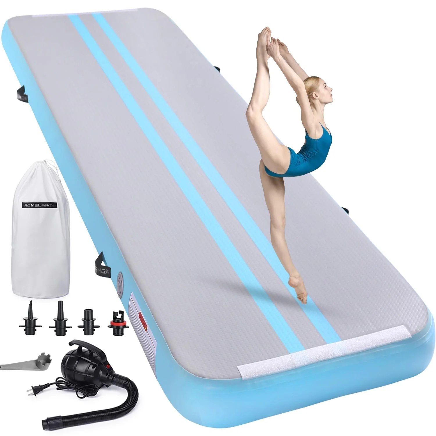 ROMELANDS Turnmatte Aufblasbar, 3M/4M/5M Trainingsmatte mit Luftpumpe, 10 cm hoch Gymnastikmatte für Yoga, Taumel, Turnen, Ausbildung