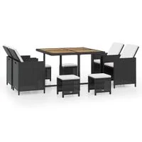 19tlg. Dining-Set mit Holztischplatte inkl. Polsterauflagen aus Poly-Rattan - Schwarz/Creme