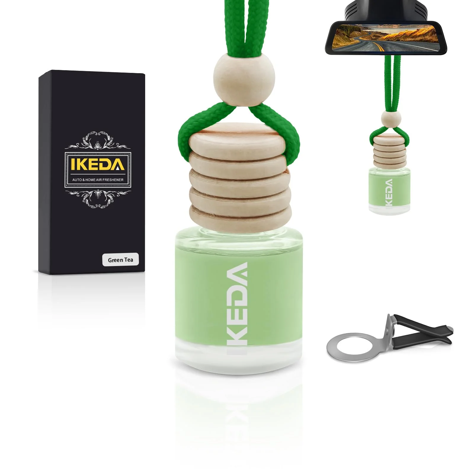 Ikeda Autoduft Hängend Nachfüllbar, 45+ Tage Langanhaltend, Lufterfrischer mit Clip & Naturöl (Kaffee, Orange, Vanille), Für Auto & Zuhause, Grüner Tee, 10 ml