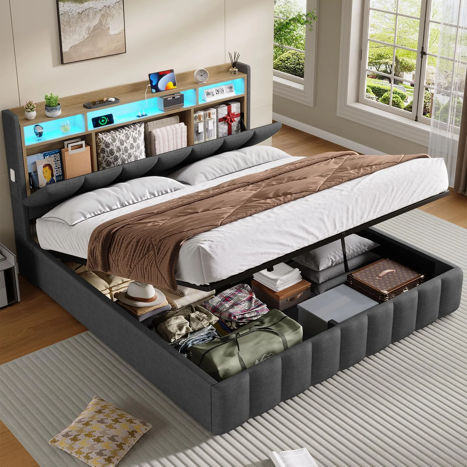 KIMENICH Bett mit LED Beleuchtung, Hydraulisches Bett 160 x 200 cm, Polsterbett, Regalkopfteil mit Stauraum, Bettgestell mit Lattenrost, bequem, für Schlafzimmer, Gästezimmer, Leinenstoff grau