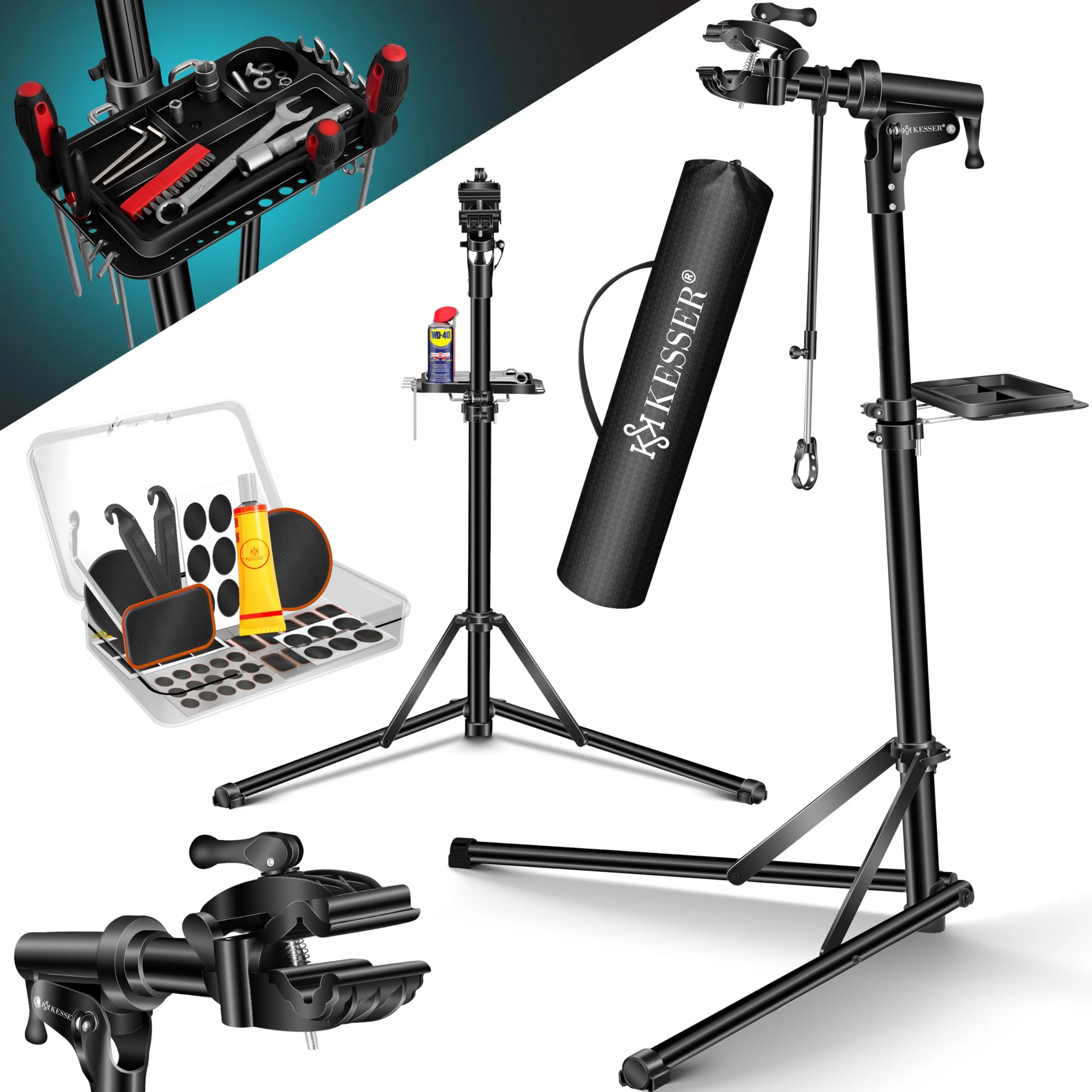 KESSER® Fahrradmontageständer Profi Alu Reparaturständer für Fahrräder Mountainbikes E-Bikes Schwerlast-Montageständer Fahrradständer 360° drehbar + Tasche, Flickzeug Set & magnetische Werkzeugablage