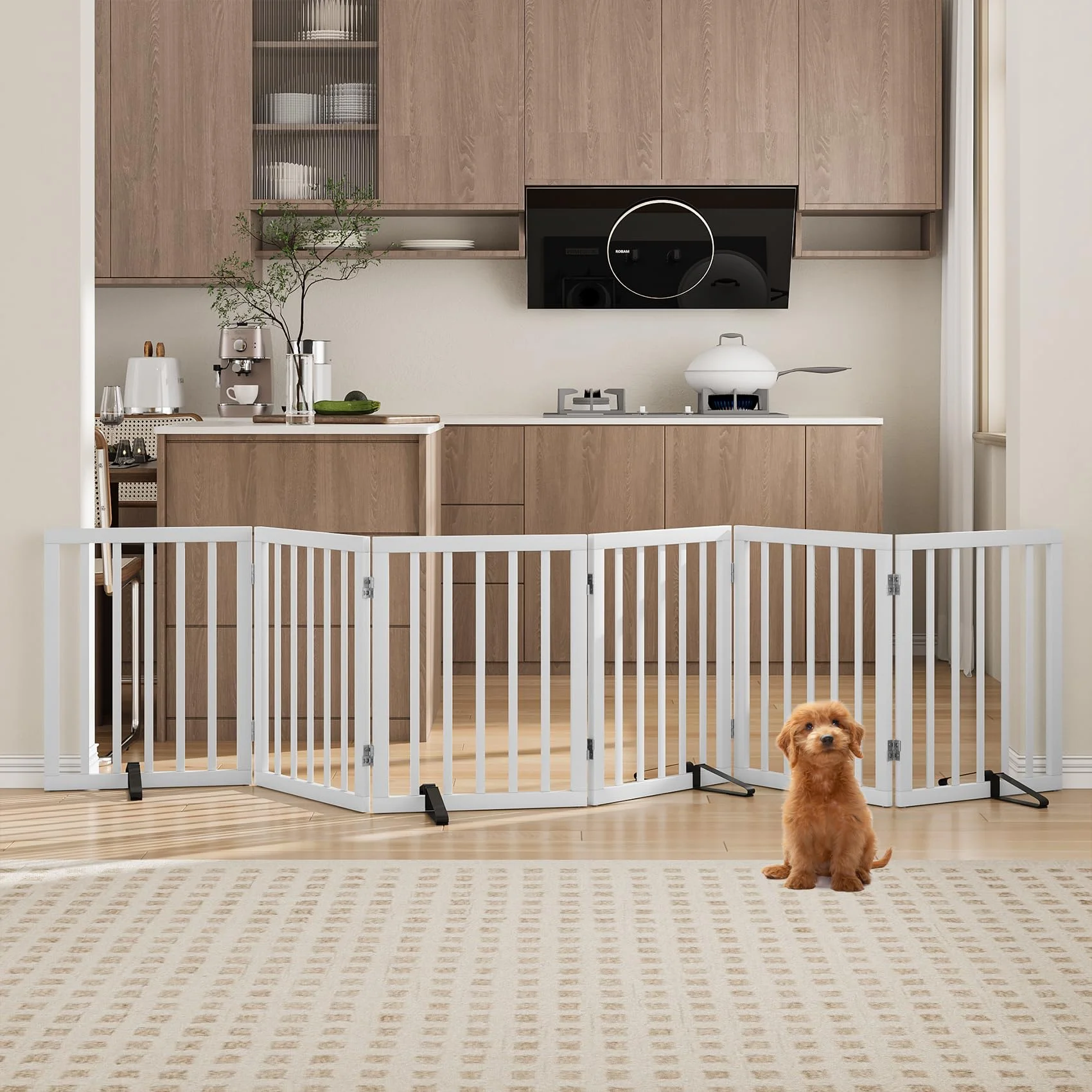 Morwdxef Freistehendes Hundegitter, Faltbares Hundebarriere für Tür,Treppen,Flur,Küche & Schlafzimmer, Freistehenden Haustiergitter aus Bambus, Absperrgitter Hund Schutzgitter mit 4 Stützfüßen