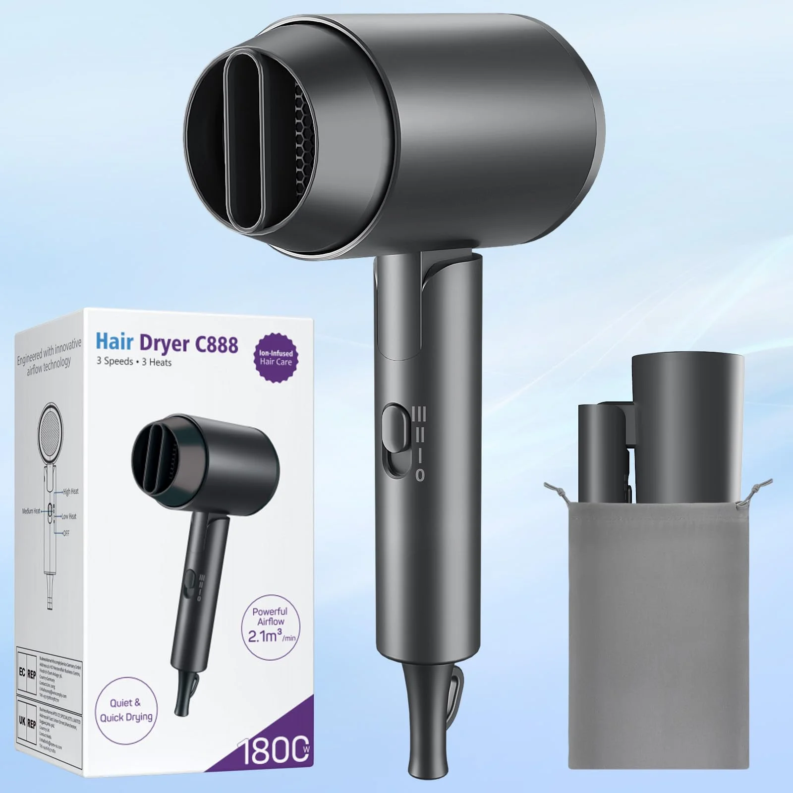 Ionen Föhn 1800W Haartrockner, Klappbar & Leichtgewicht Reisefön, Schnelltrocknen Hair Dryer, 3 Temperatureinstellungen, Haarfön Für Home-Salon & Reise