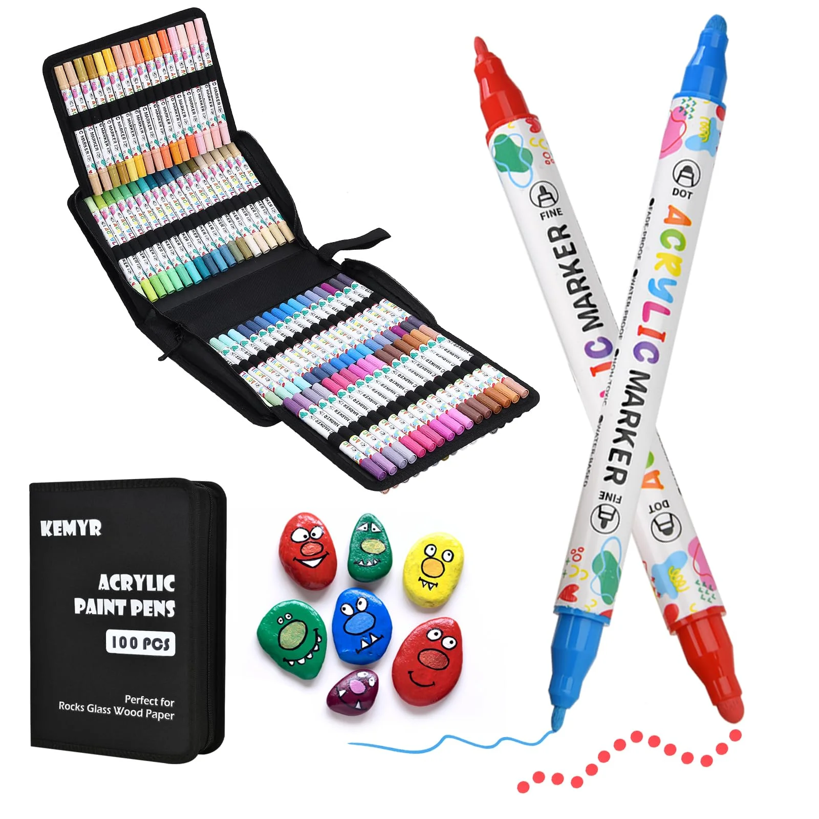KEMYR 100 Farben Acrylstifte Set mit Doppelspitze, Acrylmarker Wasserfeste für Steine, Holz, Glas & Papier,Acrylic Paint Marker Set für Erwachsene zum Zeichnen,Acrylic Paint Pen für DIY-Bastelprojekte